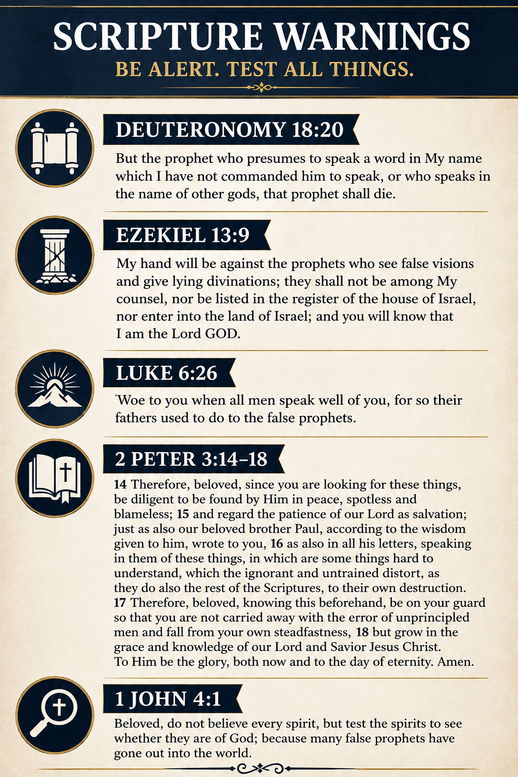 Poster titled 'Scripture Warnings' with Bible verses from Deuteronomy 18:20, Ezekiel 13:9, Luke 6:26, 2 Peter 3:14-18, and 1 John 4:1, each accompanied by relevant icons.