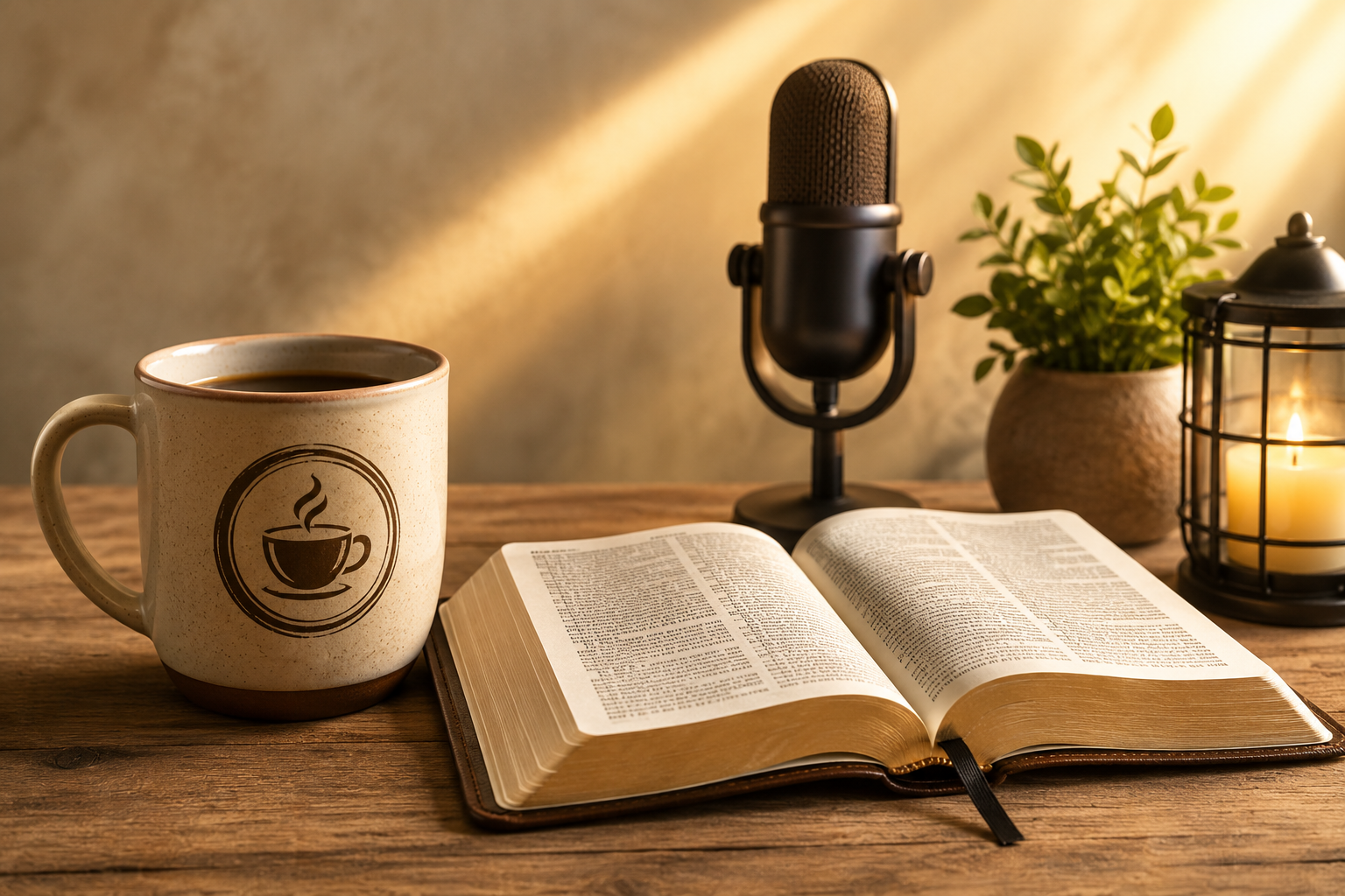 A wooden table with a coffee mug, an open Bible, a vintage microphone, a potted plant, and a lantern with a lit candle.