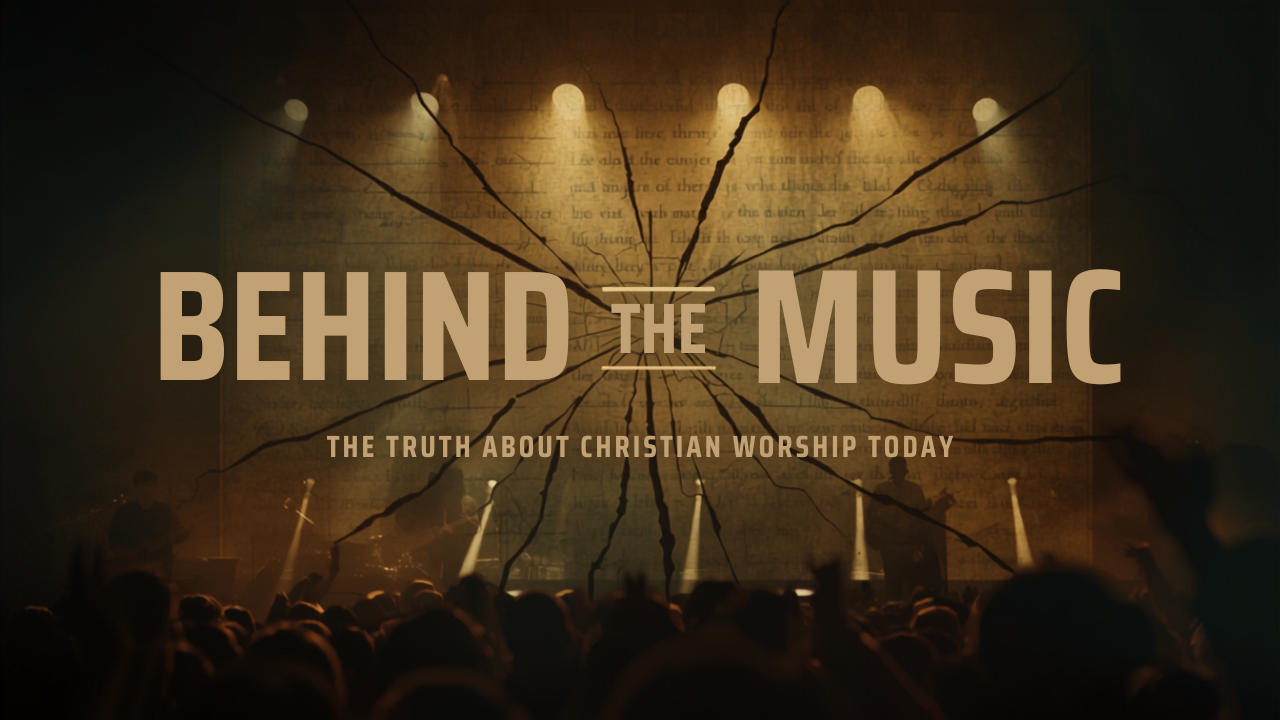 Concert scene with audience, stage lights, a band performing, and a cracked glass effect overlay with the title 'Behind the Music' and subtitle 'The Truth About Christian Worship Today'.