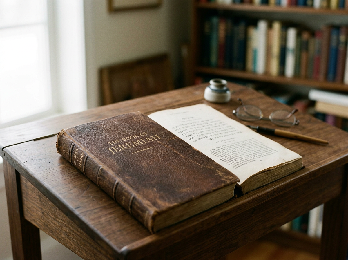 A wooden desk with a large, old book titled 'The Book of JEREMIAH', an open handwritten manuscript, a pair of glasses, a pen, and an inkpot. Bookshelves with colorful books are in the background.