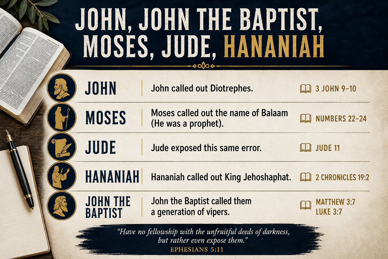 Chart comparing biblical figures John, Moses, Jude, Hananiah, and John the Baptist with descriptions and related Bible verses.