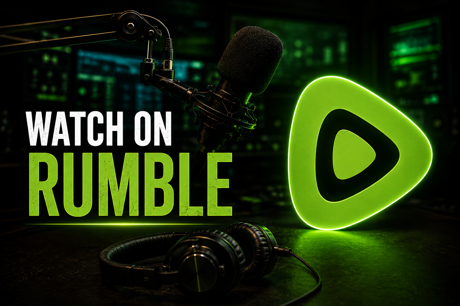 A neon sign with the words "Watch on Rumble" next to a green Rumble logo, a microphone, and a pair of headphones, on a dark background with audio equipment lights.