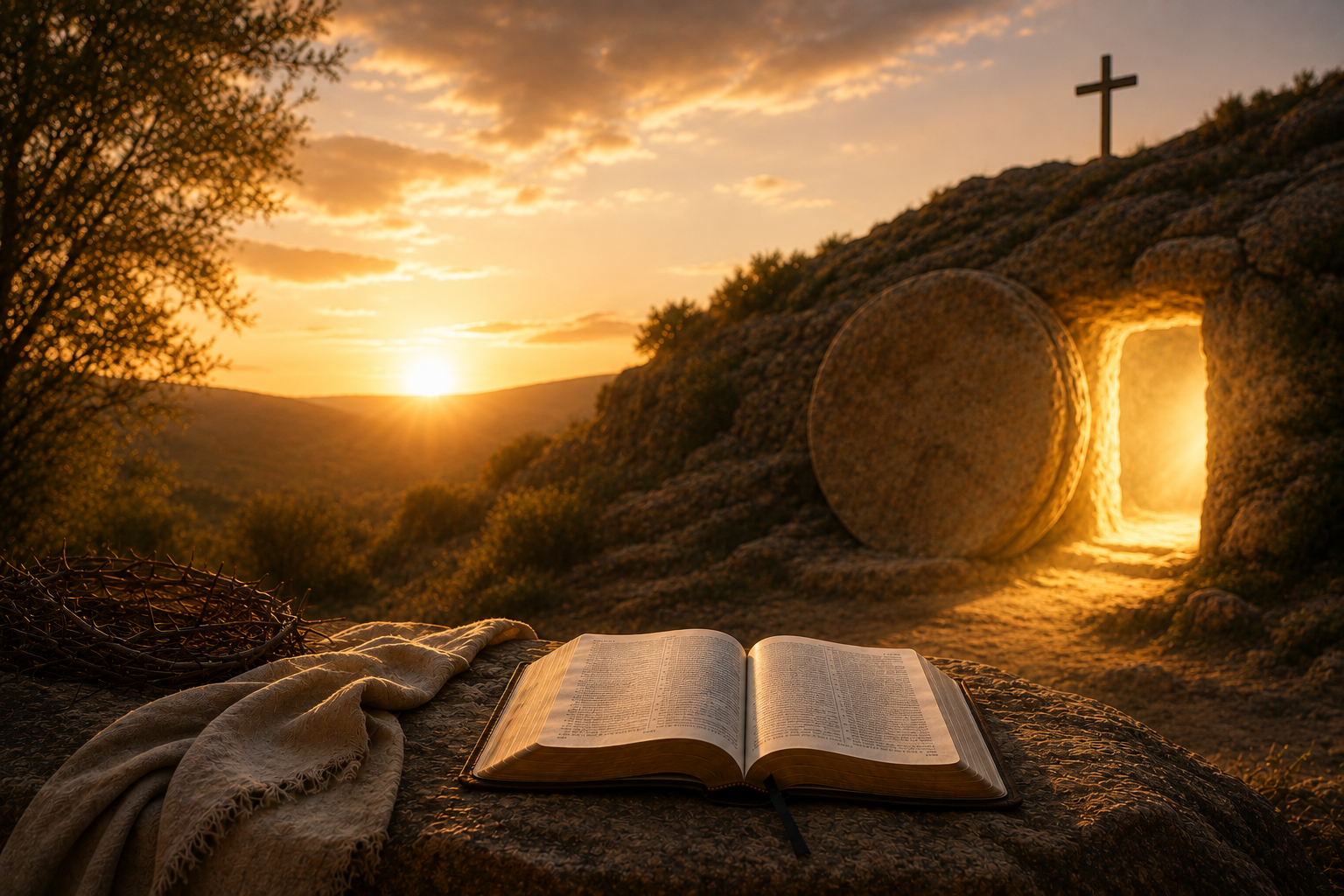 An open Bible on a stone surface with cloth beside it, set in a landscape during sunset with a cross on a hilltop in the background.