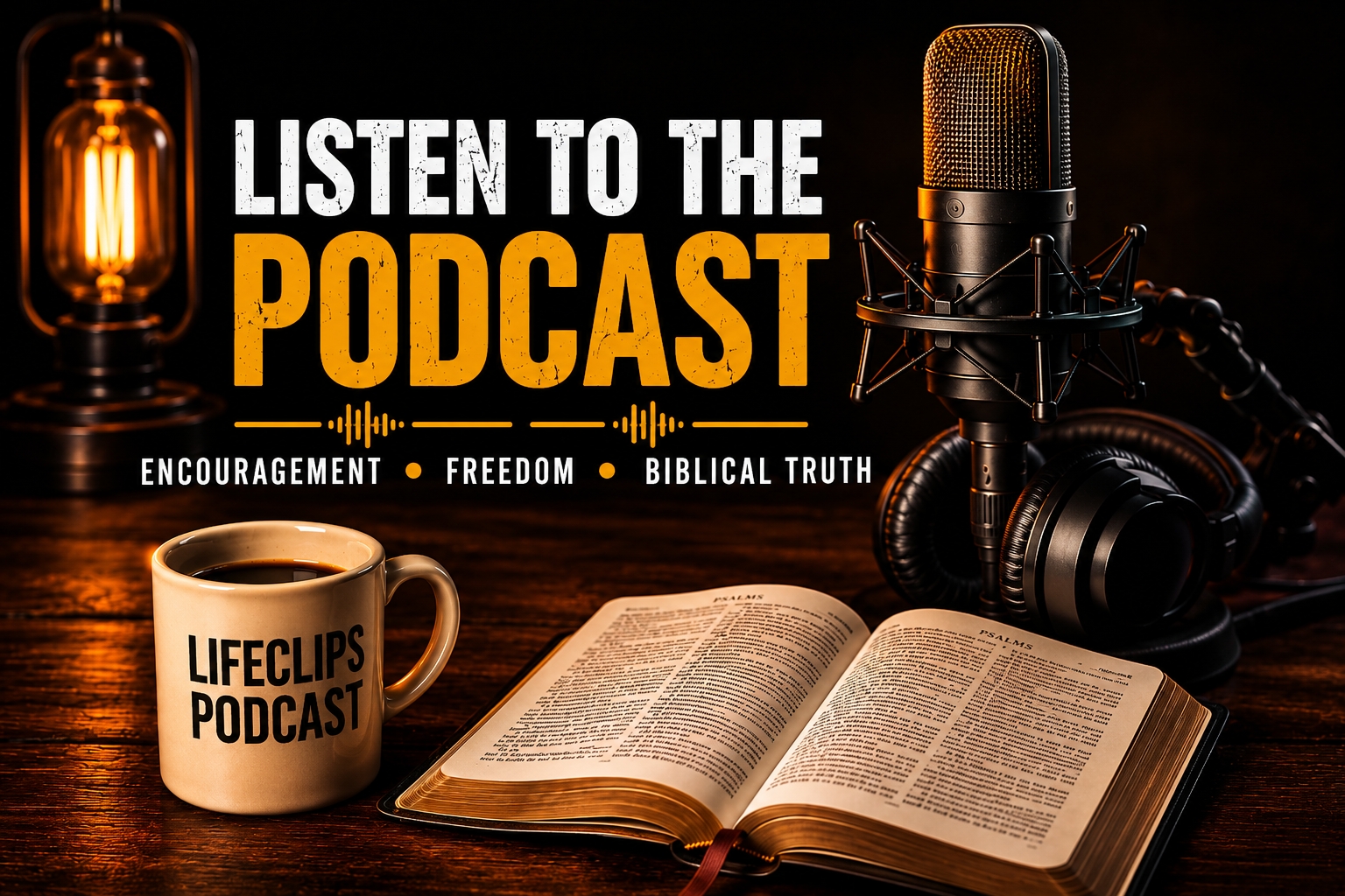 A podcast setup with a microphone, headphones, an open Bible, a coffee mug, and a vintage lantern on a wooden surface with text promoting listening to podcasts about encouragement, freedom, and biblical truth.