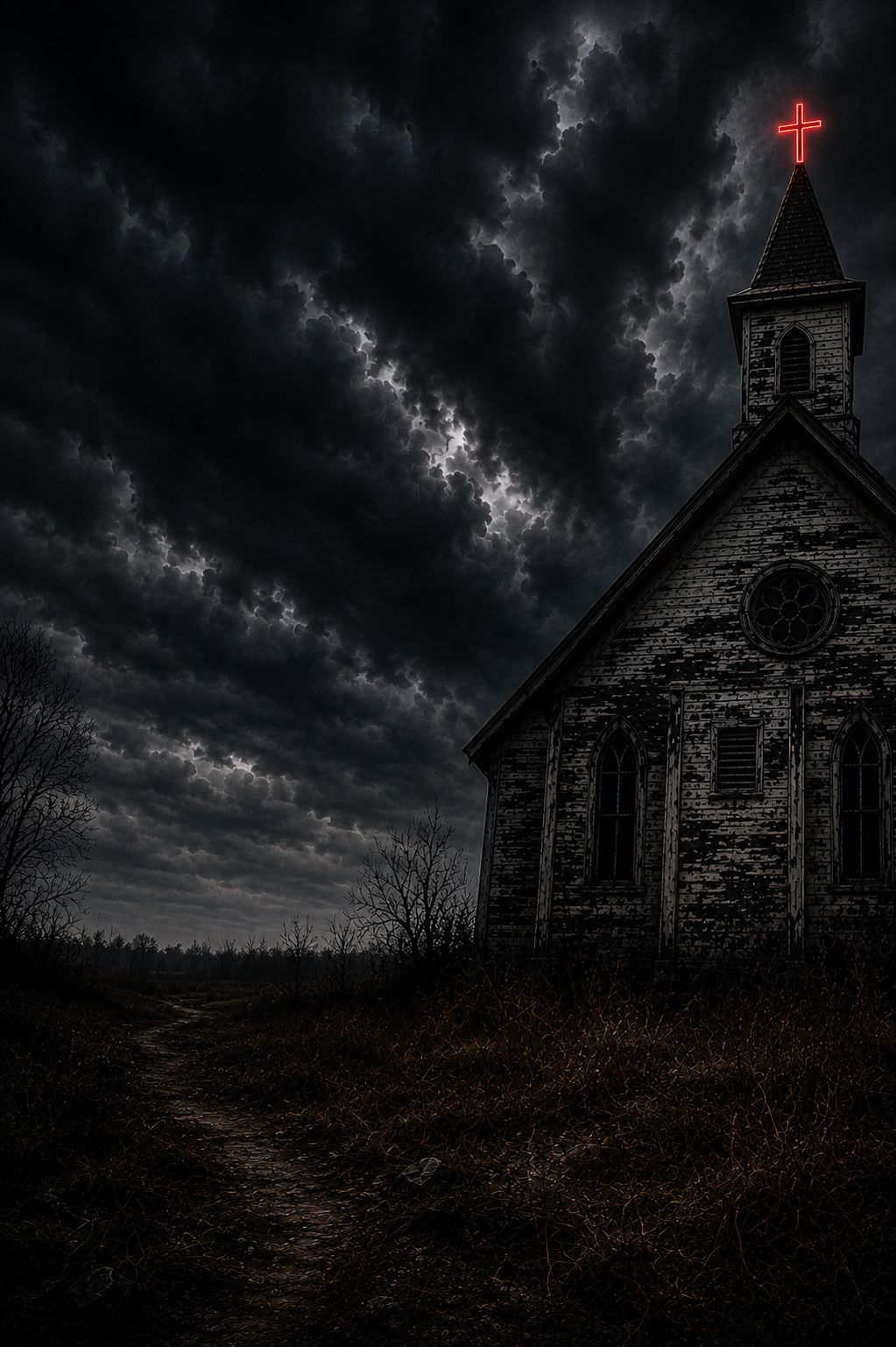 A dark, stormy sky with lightning behind an old, weathered wooden church with a bright red illuminated cross on top.