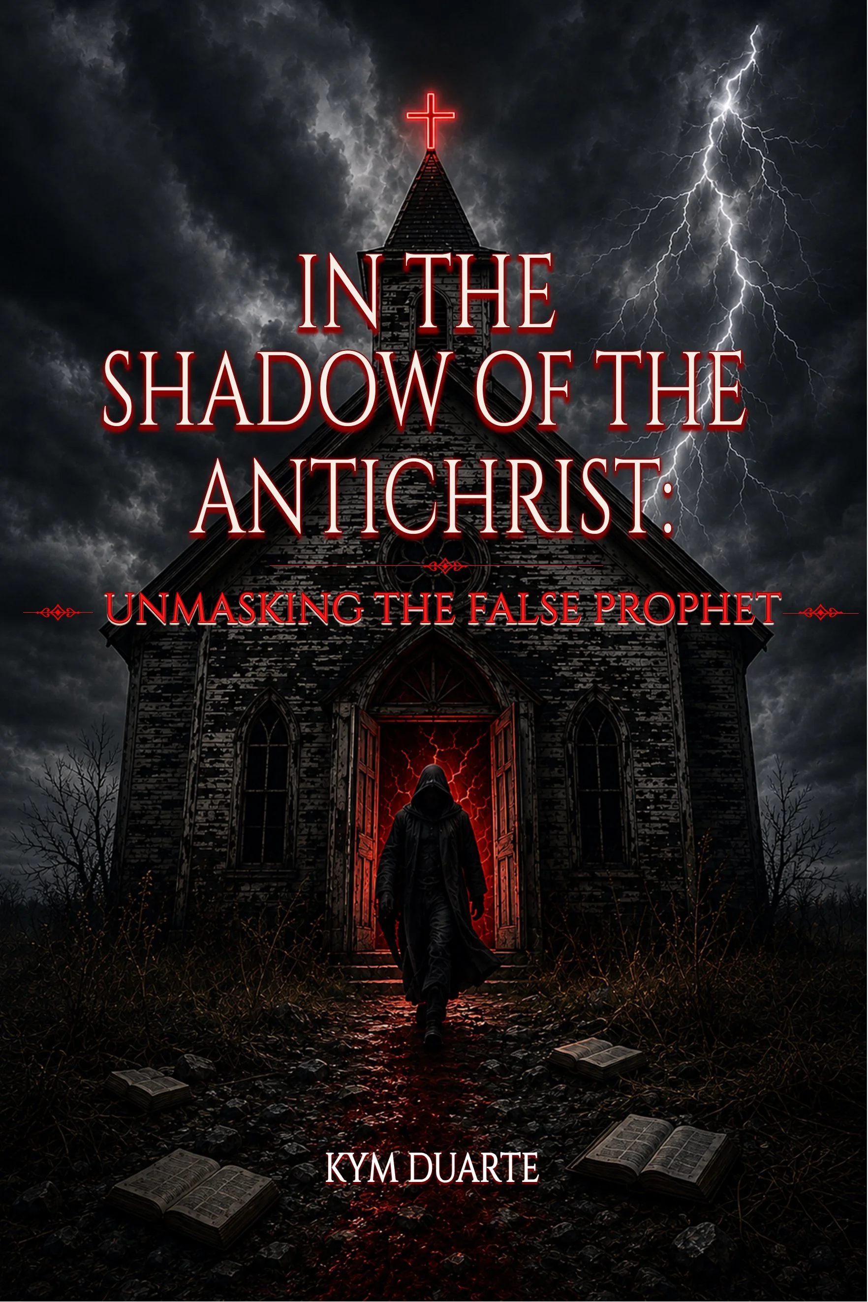 Dark stormy sky with lightning strikes behind a church steeple with a red illuminated cross on top. A cloaked figure with a hood stands in front of the church with an open door emitting red light. The ground is scattered with open books and debris. The title 'In The Shadow Of The Antichrist: Unmasking The False Prophet' and author's name 'Kym Duarte' are overlaid in red text.