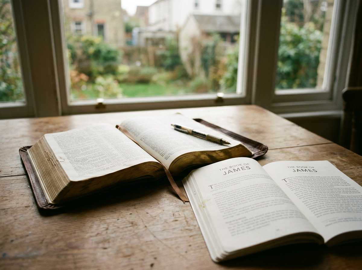 An open Bible and a pamphlet titled "The Book of James" resting on a wooden table near a window