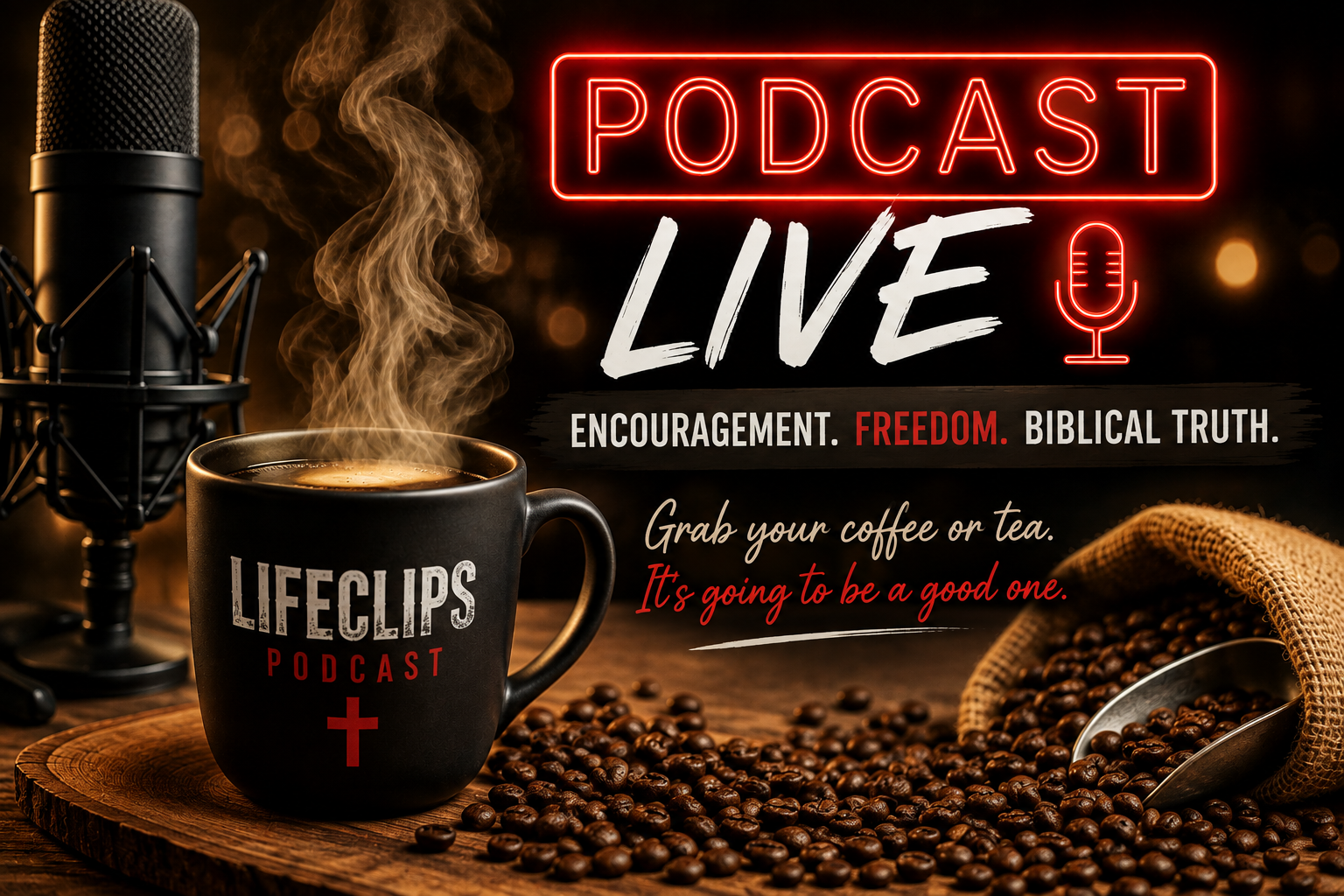 A promotional image for a live podcast, featuring a steaming coffee mug with the text 'LIFECIPS PODCAST' and a cross, a microphone in the background, scattered coffee beans, and the words 'PODCAST LIVE' in neon lights, with encouraging text about coffee and biblical truth.