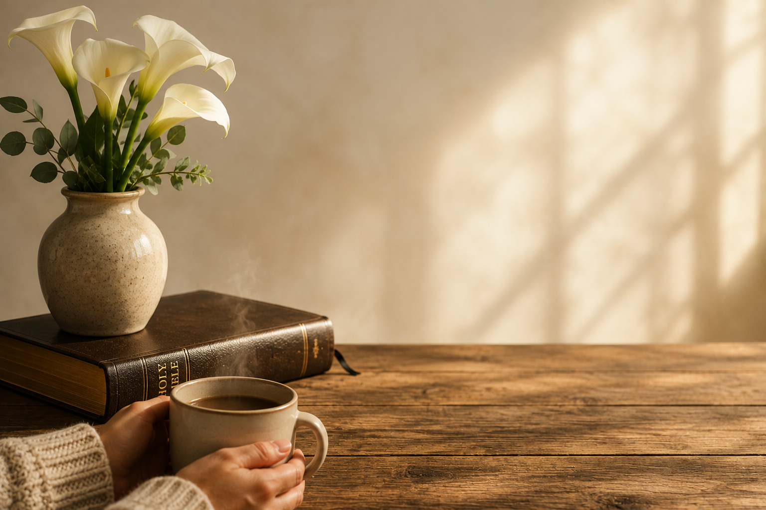 A person holding a cup of coffee with steam, next to a large Bible with a bouquet of white calla lilies and greenery in a beige vase on a wooden table, with soft natural light and shadows on a neutral background.