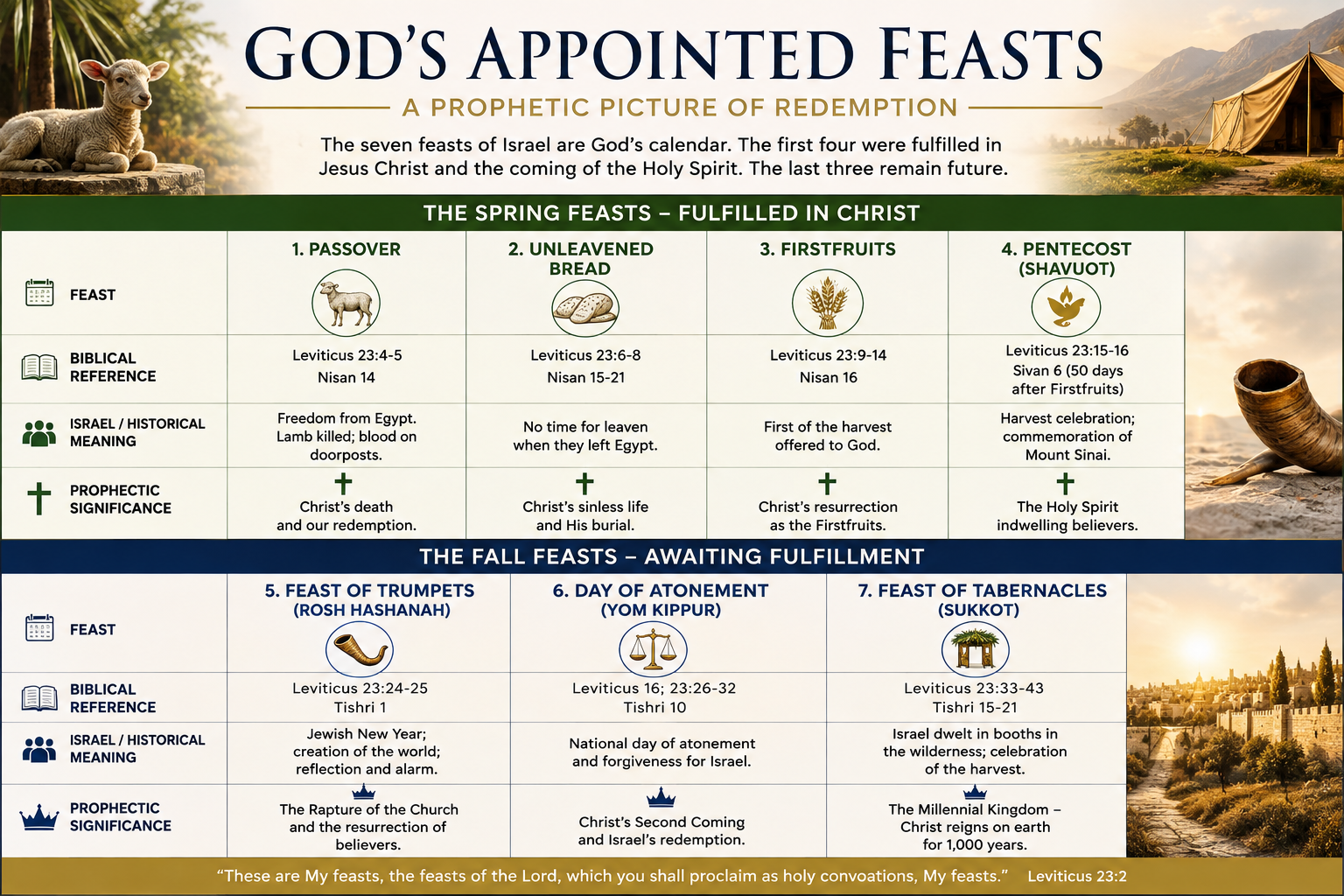 A pictorial chart showing the seven biblical feasts of Israel, divided into Spring Feasts fulfilled in Christ and Fall Feasts awaiting fulfillment, with descriptions, biblical references, historical meanings, and prophetic significance.