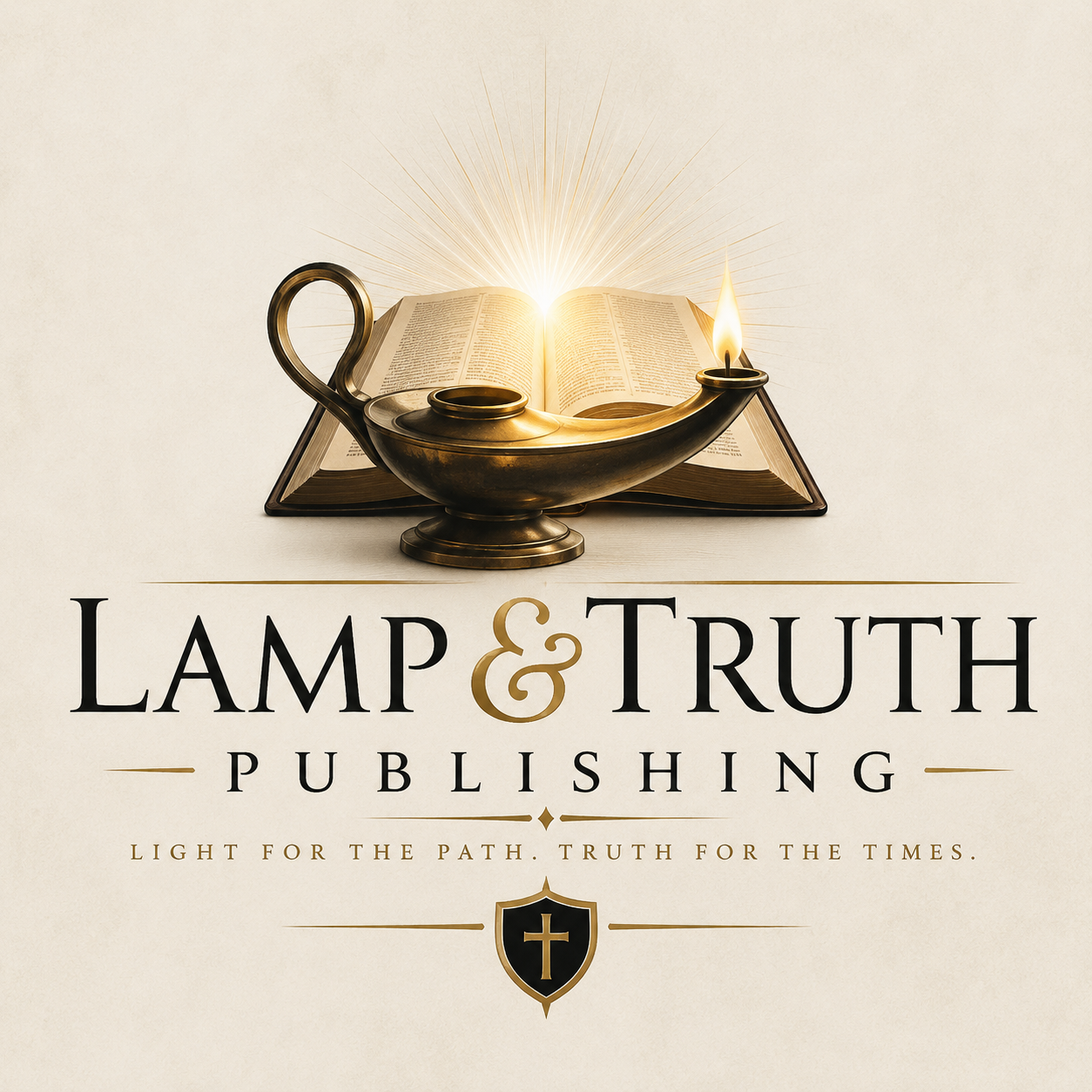 A logo for Lamp & Truth Publishing featuring an open Bible, a lit oil lamp, and a shield with a cross. The slogan reads, 'Light for the path. Truth for the times.'