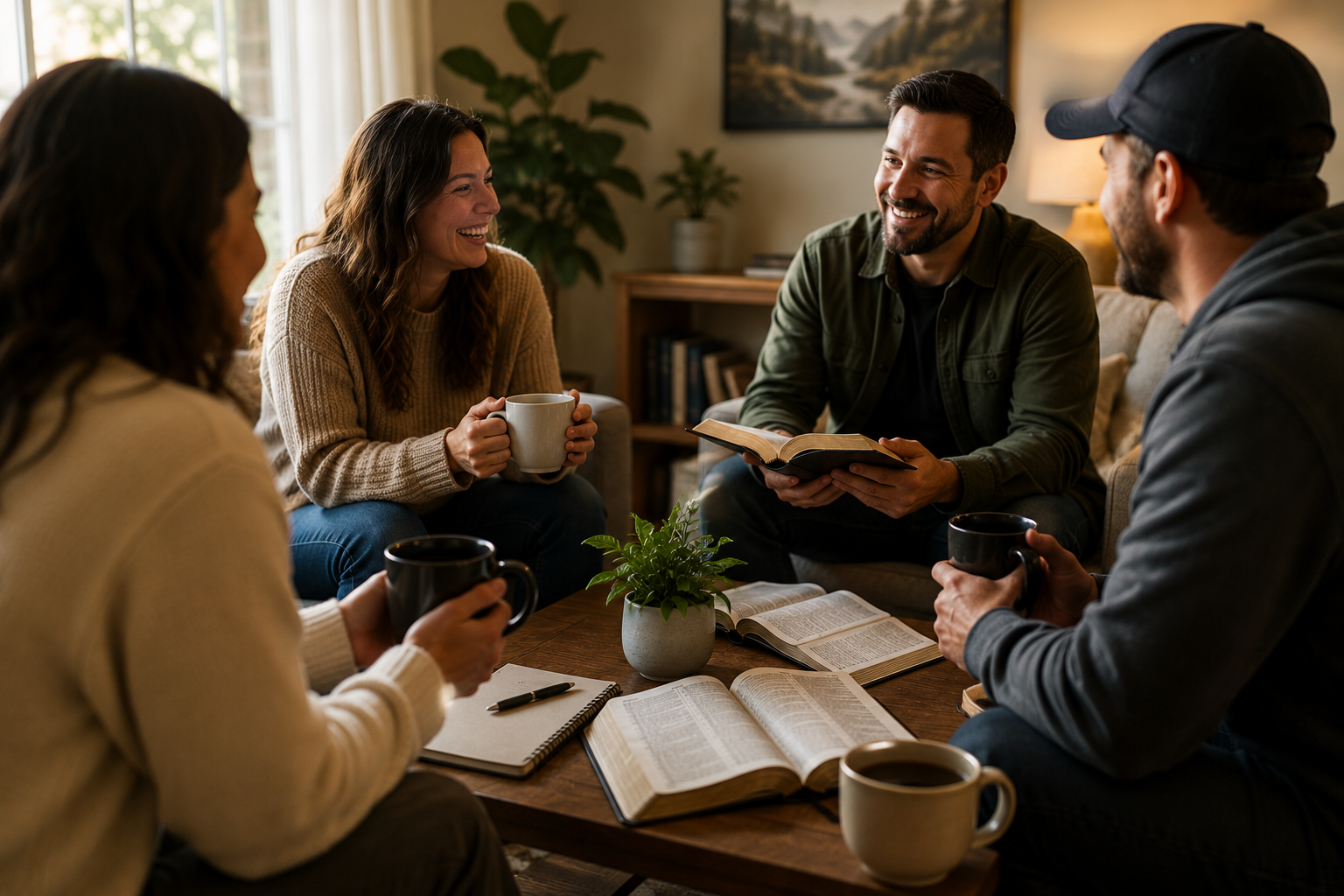 Four people sitting around a table in a cozy living room, engaged in conversation, with books, notebooks, coffee mugs, and a potted plant on the table.