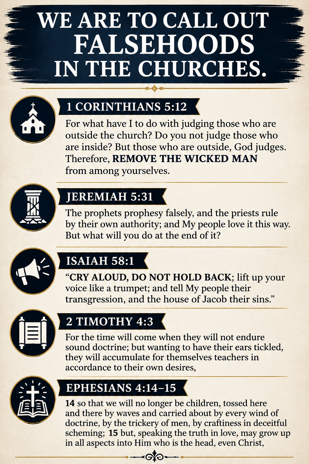 An infographic with the title "We Are To Call Out Falsehoods in the Churches" and quotes from the Bible, including 1 Corinthians 5:12, Jeremiah 5:31, Isaiah 58:1, 2 Timothy 4:3, and Ephesians 4:14-15.