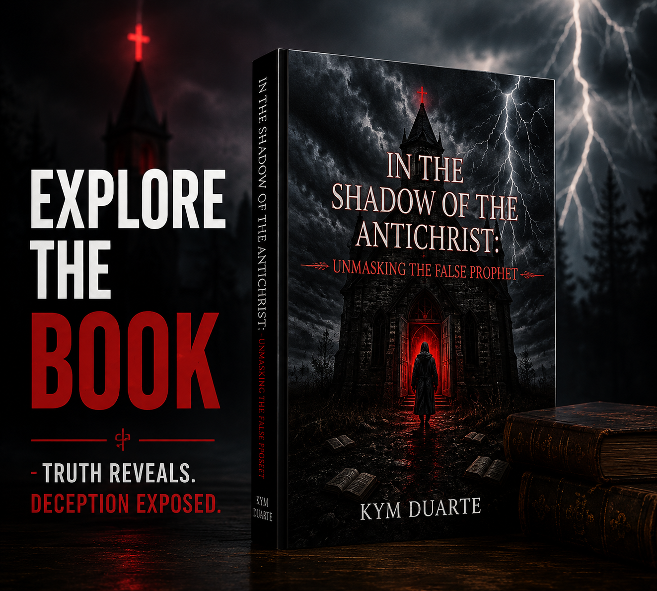 Book cover titled "In the Shadow of the Antichrist: Unmasking the False Prophet" by Kym Duarte, featuring a dark church under a stormy sky with lightning, a person entering the church, and open books on the ground.