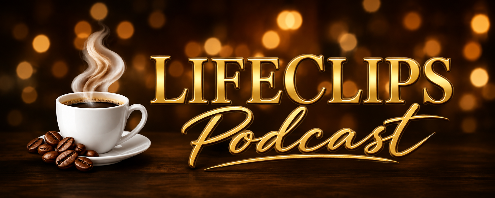 A logo for the 'Lifecaps Podcast' featuring a steaming cup of coffee, coffee beans, and a gold text overlay with the podcast name on a bokeh background.
