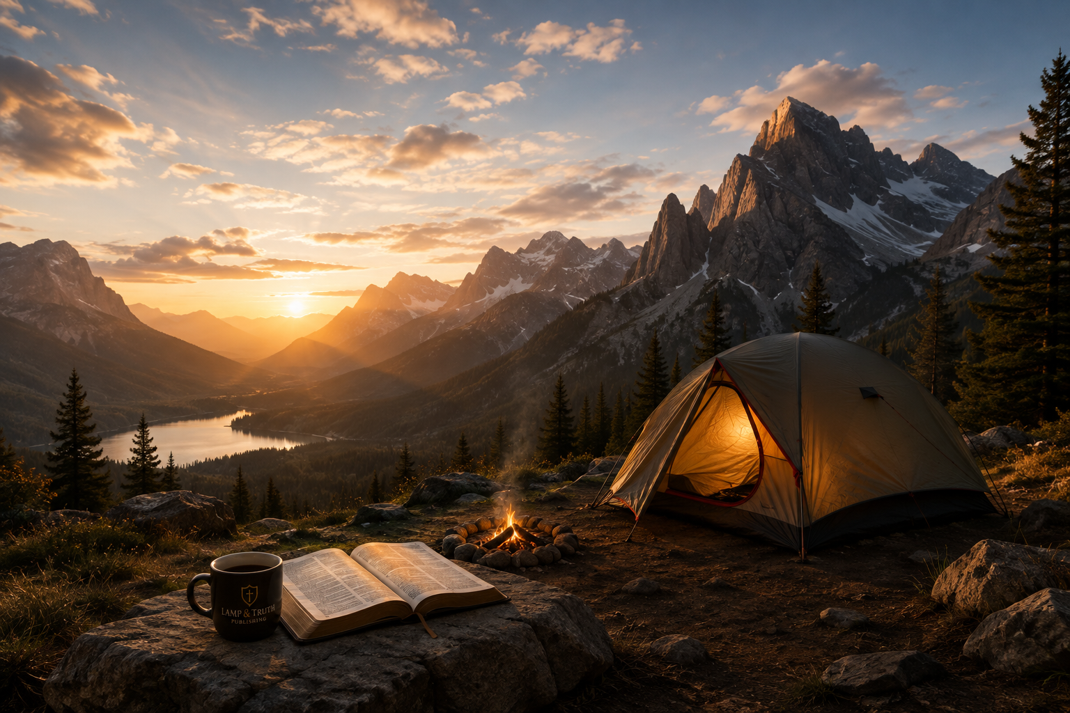 Campground in a mountain valley at sunset with a tent, campfire, open book, and a mug, surrounded by pine trees with snowy peaks in the background.