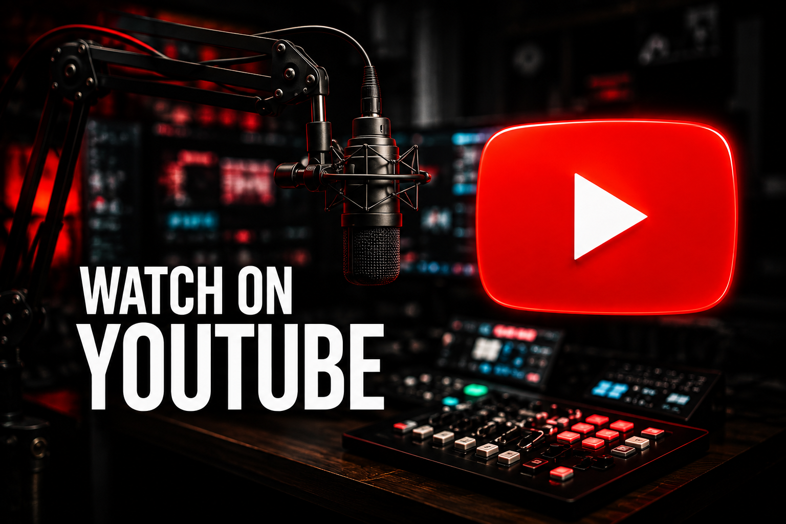 A YouTube-themed recording studio with a microphone, control panel, and a large illuminated YouTube logo, with the text 'Watch on YouTube' in the foreground.