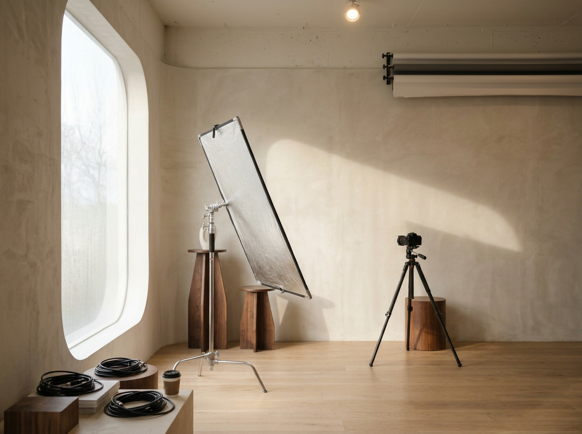 Photography studio with a camera on a tripod, a large reflector, a wide window, and some cables on a table, with soft natural light.
