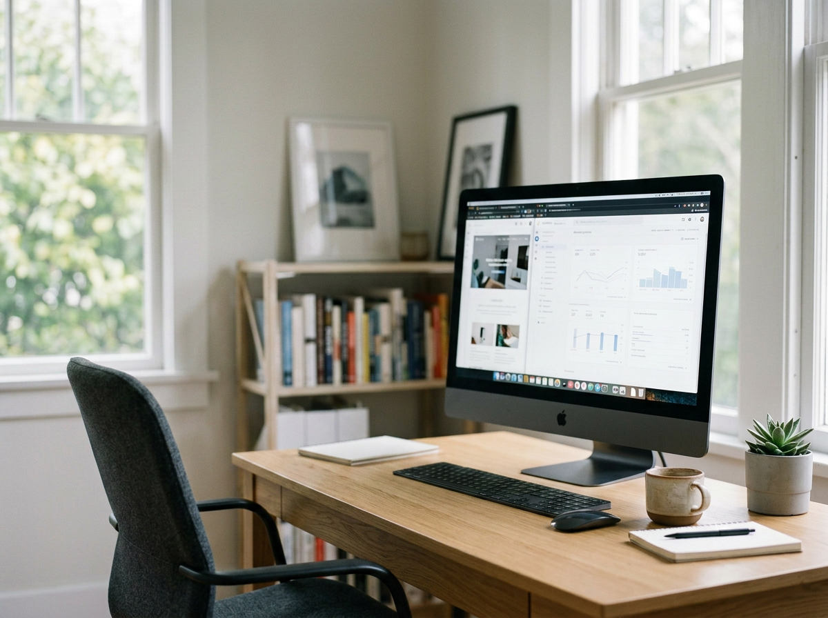 Home office desk with iMac computer displaying analytics, a black keyboard, a mouse, a notebook, a pen, a cup, and a small potted succulent plant on a wooden desk near windows letting in natural light.