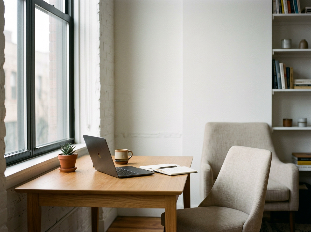 A cozy home office desk with a laptop, a potted succulent, a coffee mug, and an open notebook, located next to a large window with natural light, with a beige armchair and a bookshelf in the background.