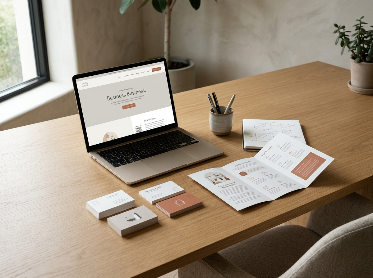 Desk with an open laptop displaying a business website, printed brochures, stacks of business cards, a notebook, a cup with pens, and potted plants.