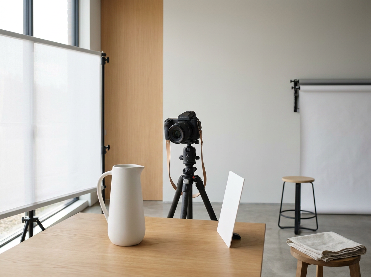 Photography studio setup with a camera on a tripod, a white ceramic pitcher, a small white board, a stool with towels, and a privacy screen in front of a large window.
