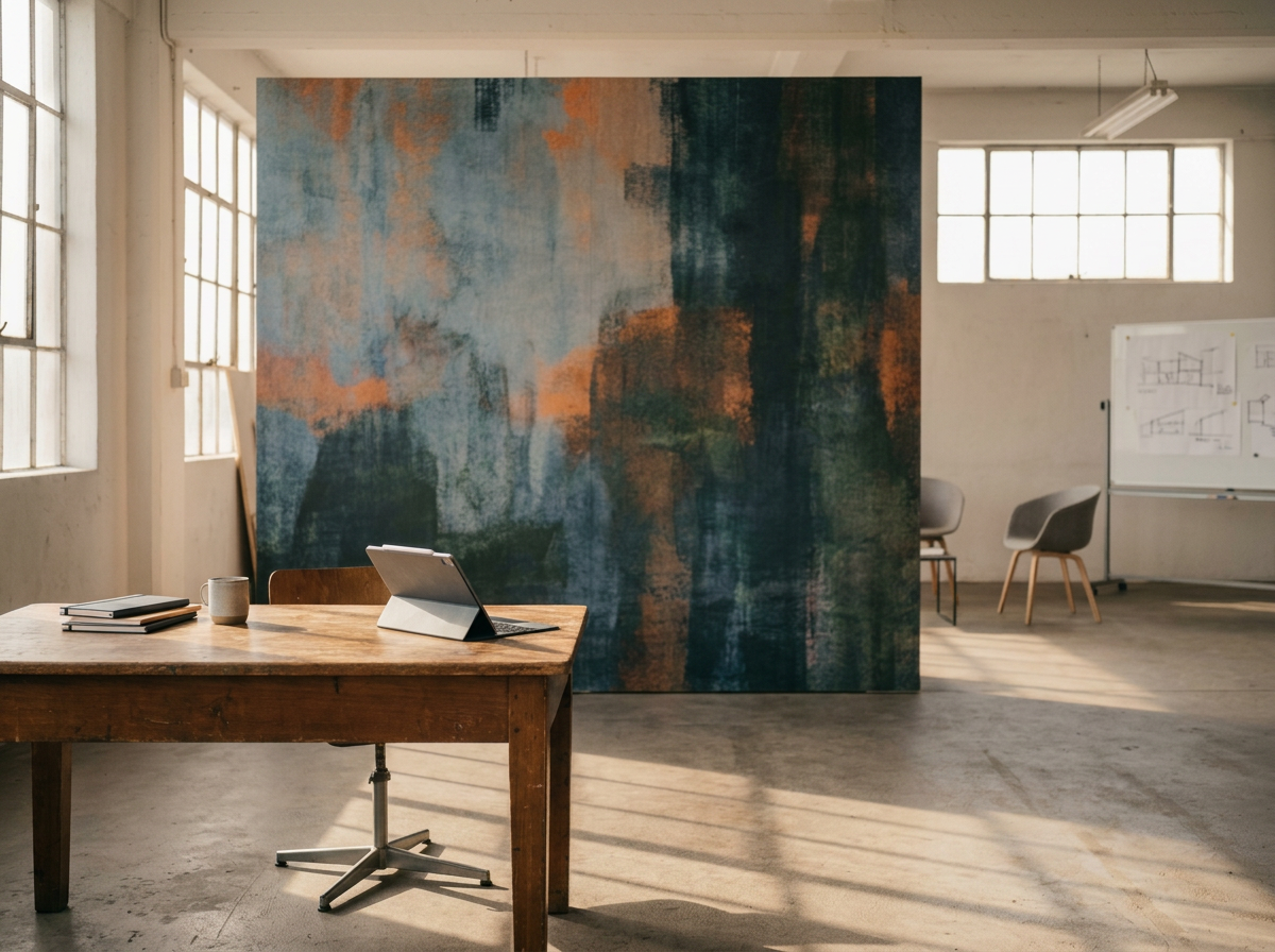 An art studio with a large abstract painting, a wooden desk with a laptop, notebooks, and a mug, windows letting in natural light, and a whiteboard with sketches in the background.