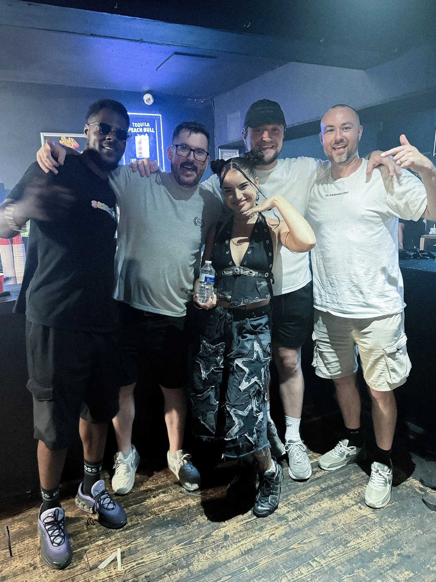ENiGMA Dubz, Trilla Tremaine Trilloski, Jaz Imsky, Tom Bradshaw-Smith and Cortese group shot at Morii Records' debut event: Morii Moment 01 in Digbeth, Birmingham - July 2026. 