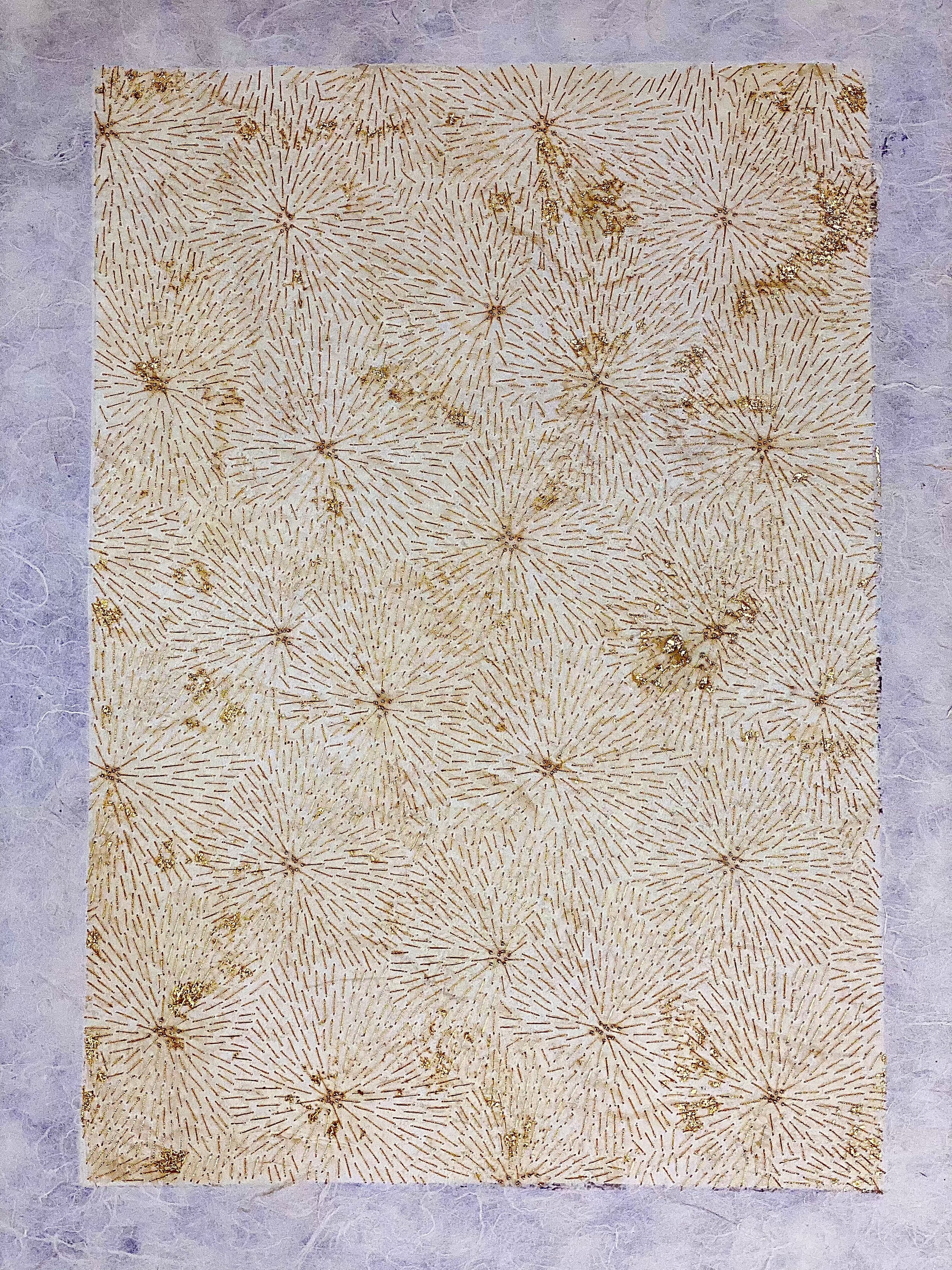 Beeswax andFlower Motif on Paper, Large 
Japanese Paper, beeswax, gold leaf, metallic floss