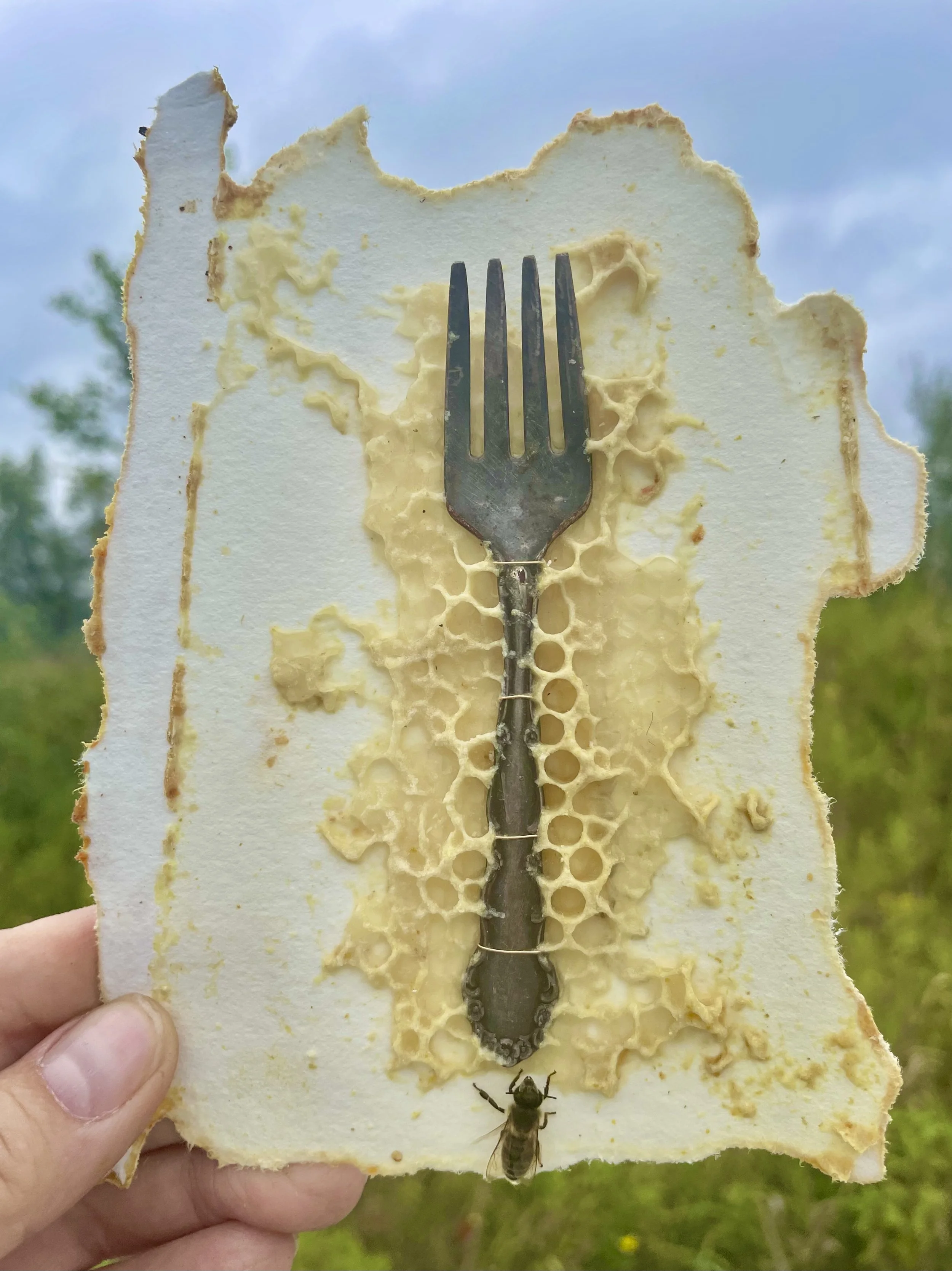 Vintage Fork on Japanese Mulberry Paper, with Honeycomb 