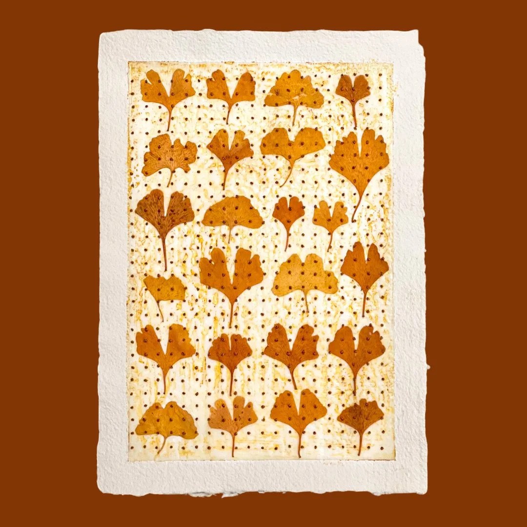  Ginkgo Leaves and French Knots on Paper, Large 
St Armand's Press paper, Ginkgo leaves, beeswax, oil and embroidery floss