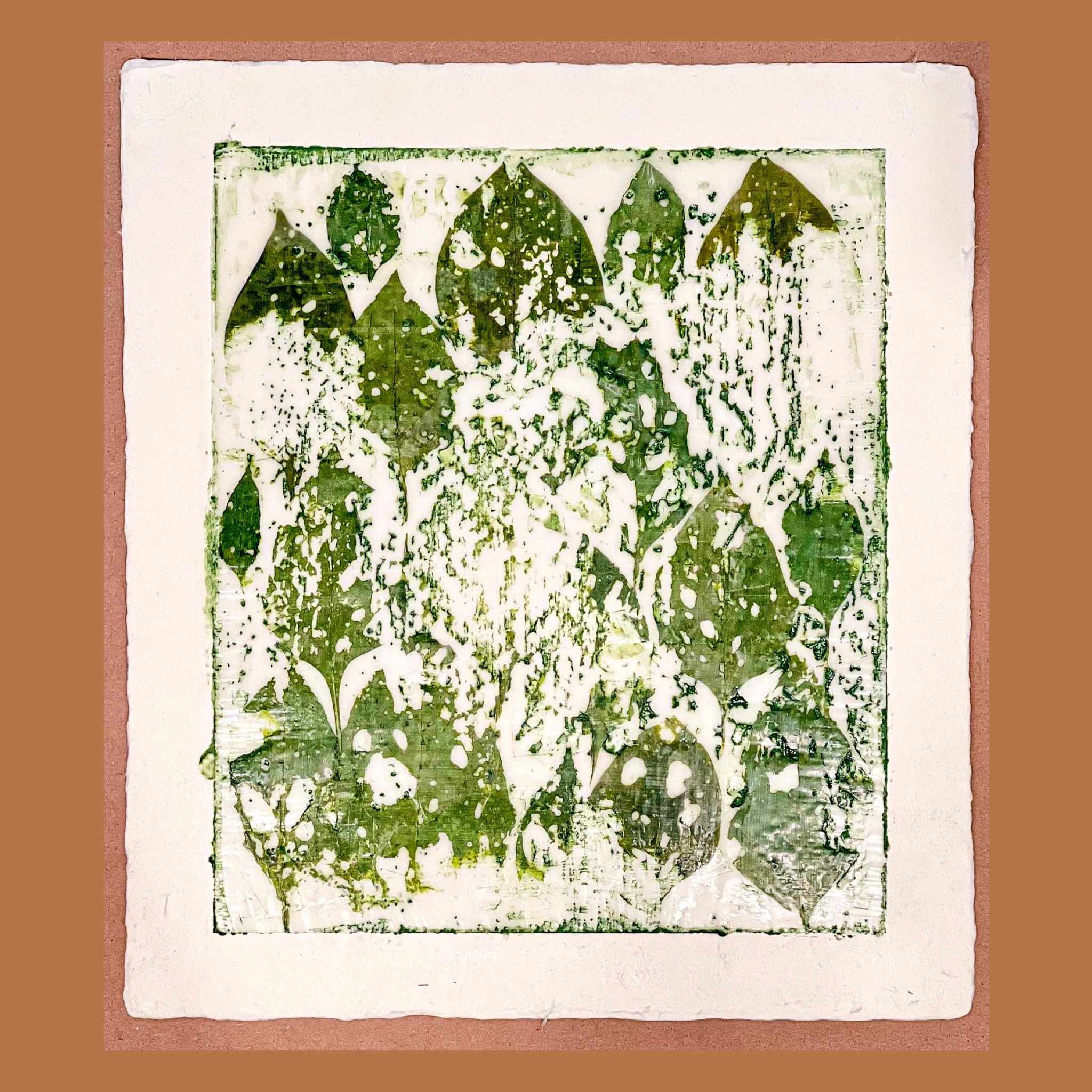  Tomato Plant Memory, on Paper 
Japanese paper, Tomato plant leaves, beeswax, oil