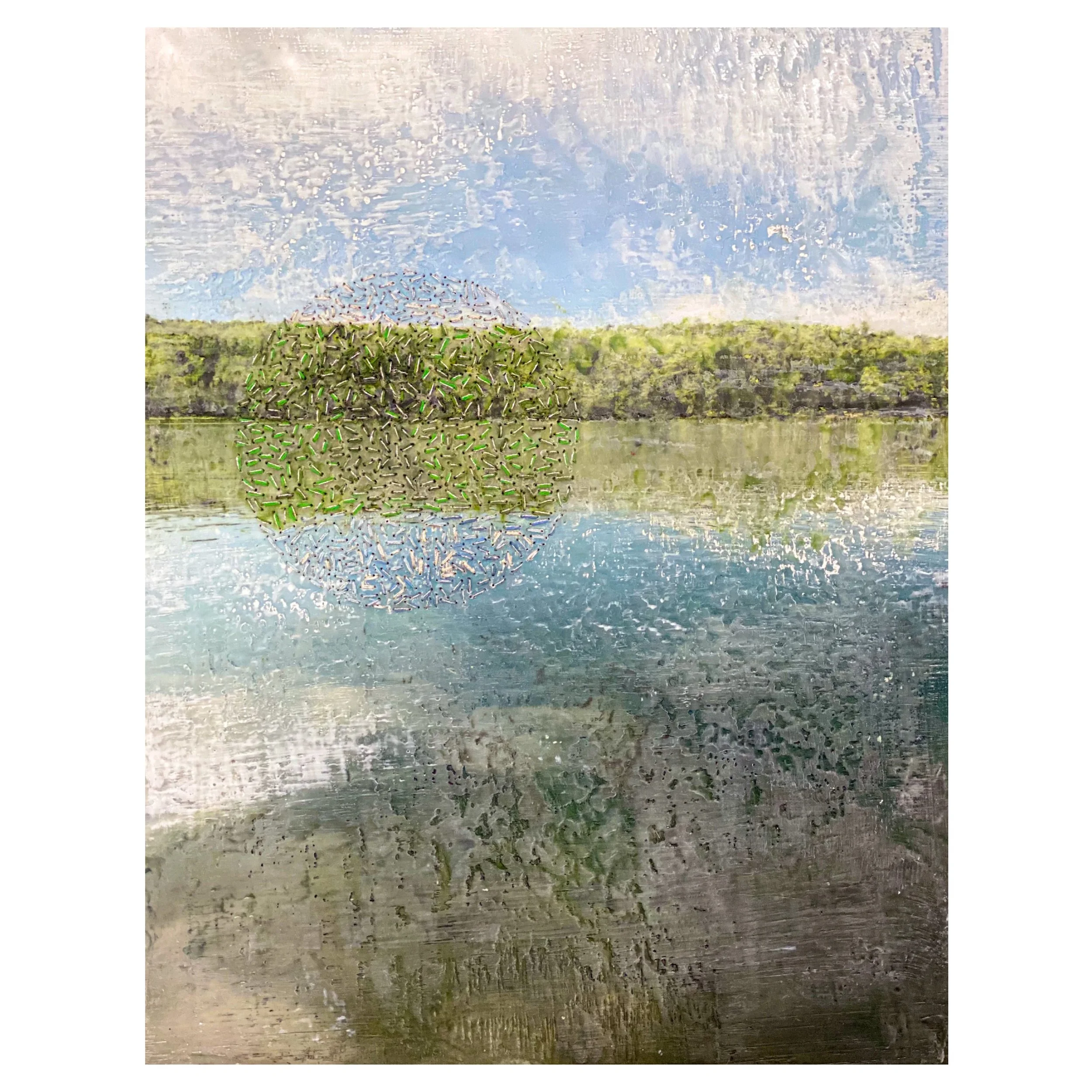  Encaustic Embroidery, Hardwood Lake Green, on Wood Panel 
Encaustic, photography, embroidery floss on wood panel