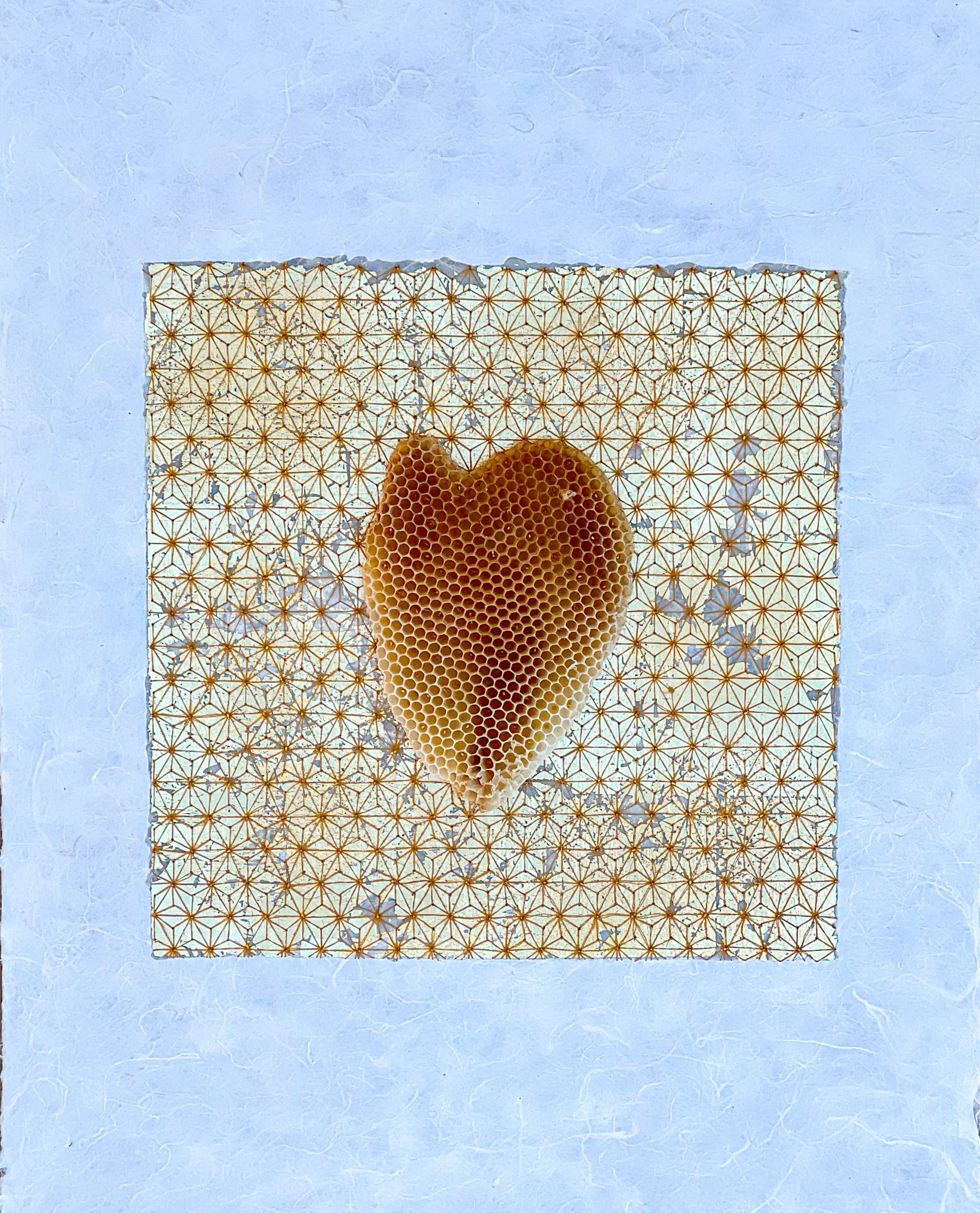  Burr Comb Heart and Flower Motif on Paper, Large 
Japanese paper, beeswax, gold leaf, embroidery floss and naturally heart shaped honeycomb