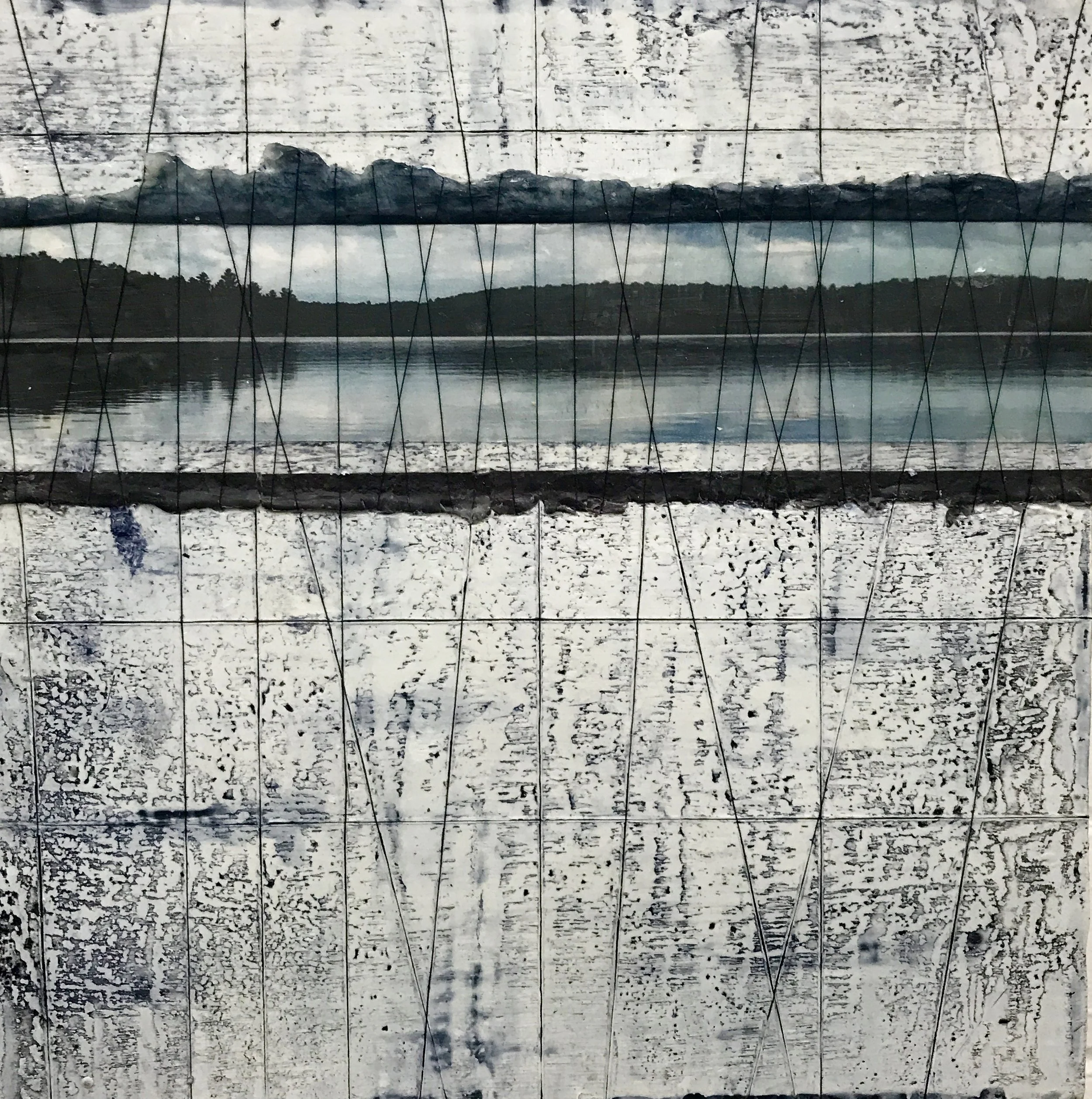 Hardwood Lake Horizon, on Wood Panel  Encaustic, photography, Japanese tissue, embroidery floss on wood panel
