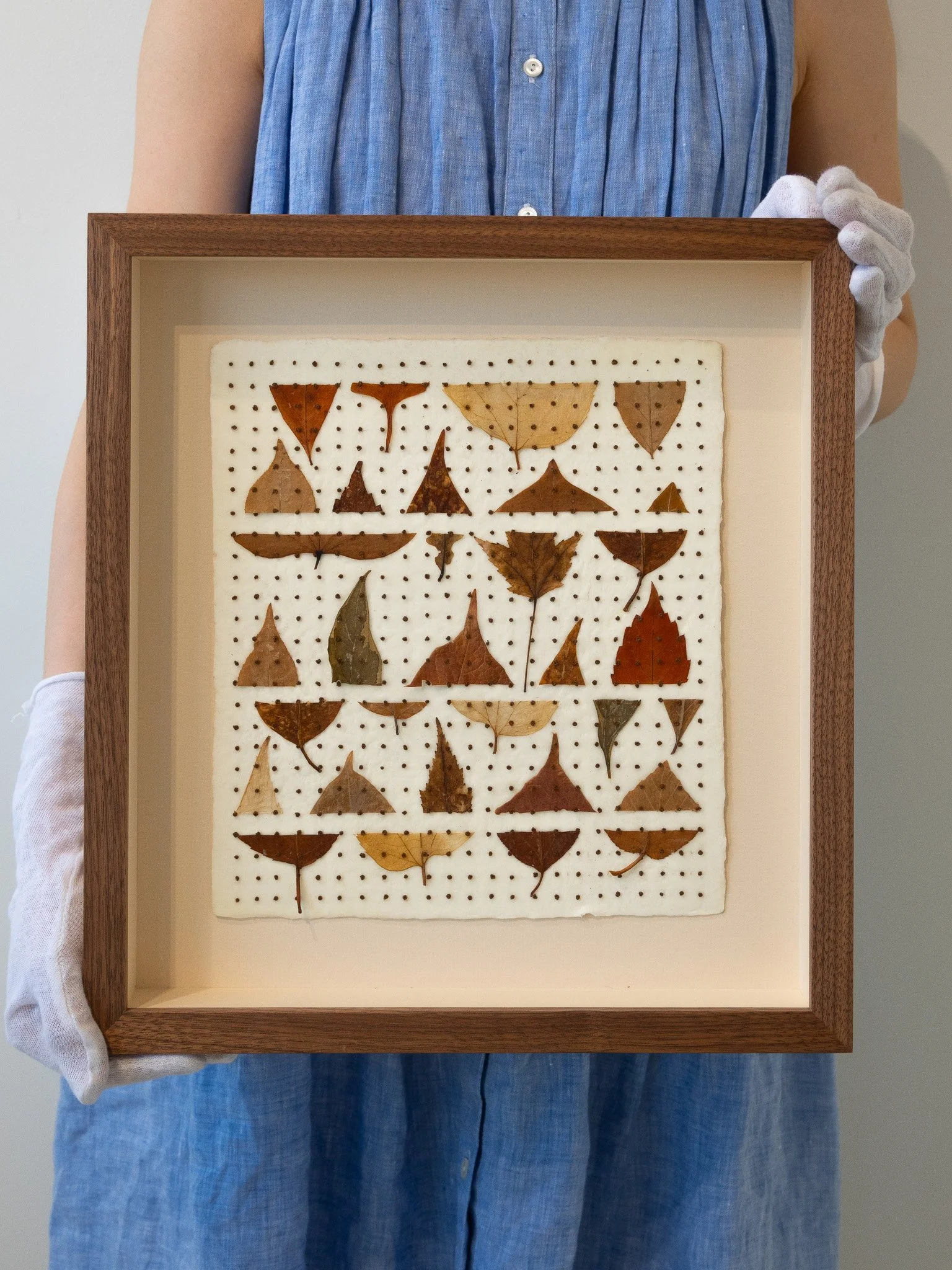  Leaf Bits and French Knots on Paper
Japanese paper, encaustic, leaves, embroidery floss 