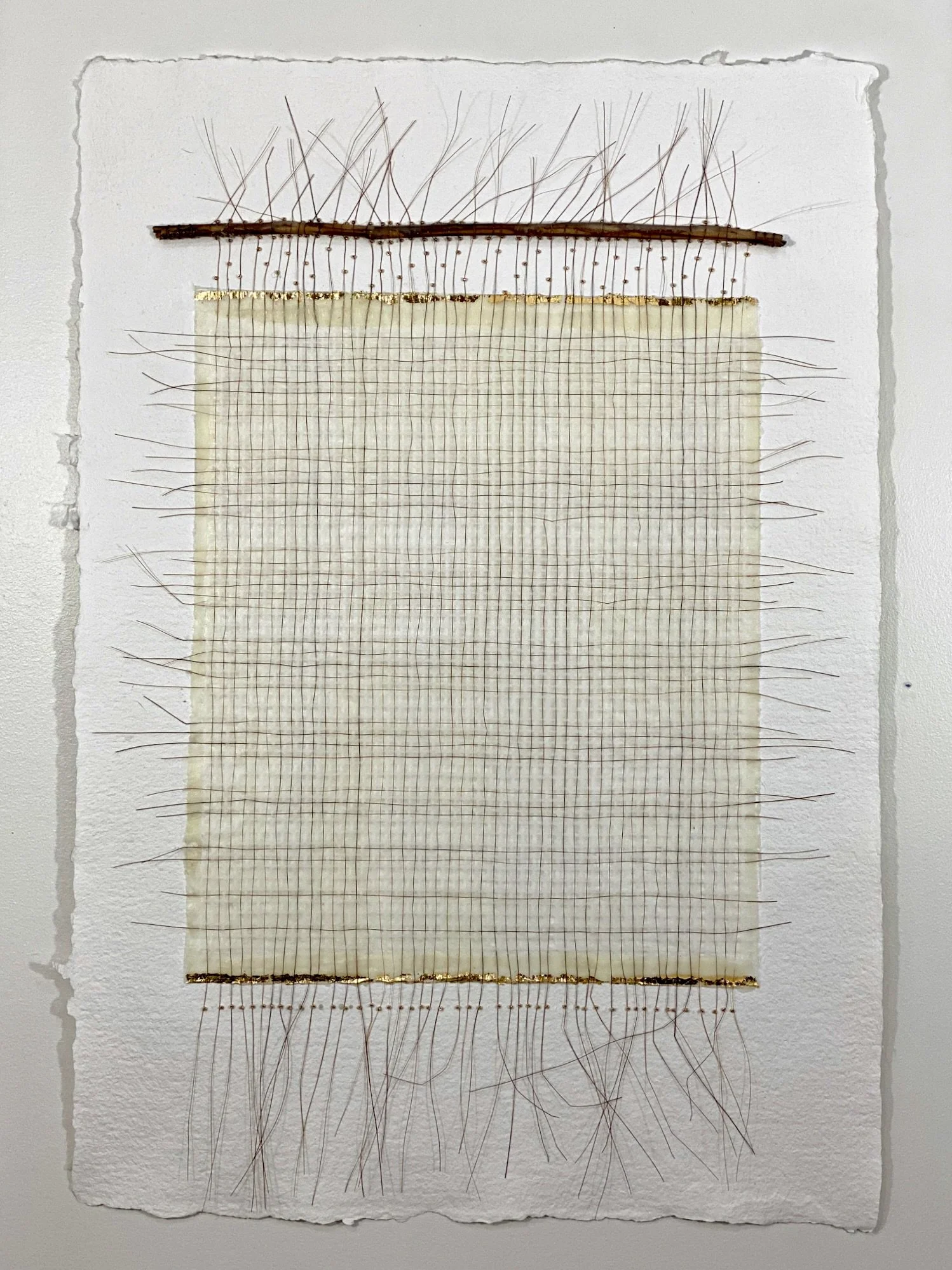  Woven Horse Hair and Beeswax on Paper, Large 
St Armand's Press paper, encaustic, horse hair, gold leaf and branch