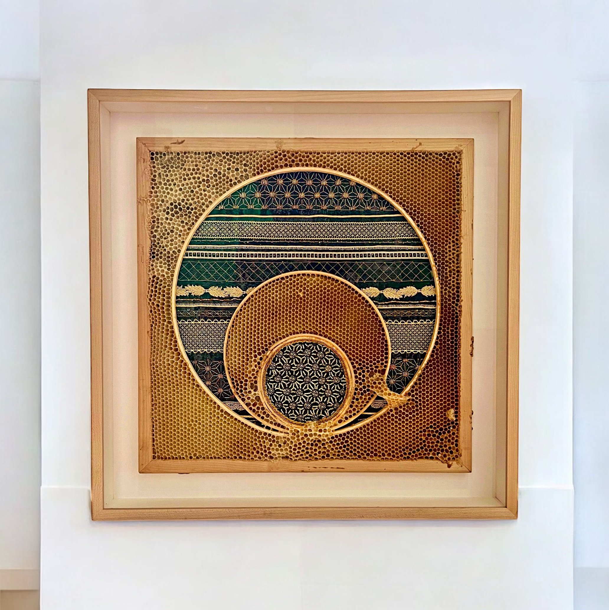  Honeycomb Collaboration: Japanese LAce, Gold and Black 
Japanese paper, encaustic, Japanese lace, seed beads, embroidery floss, embroidery hoops, natural honeycomb on wood panel