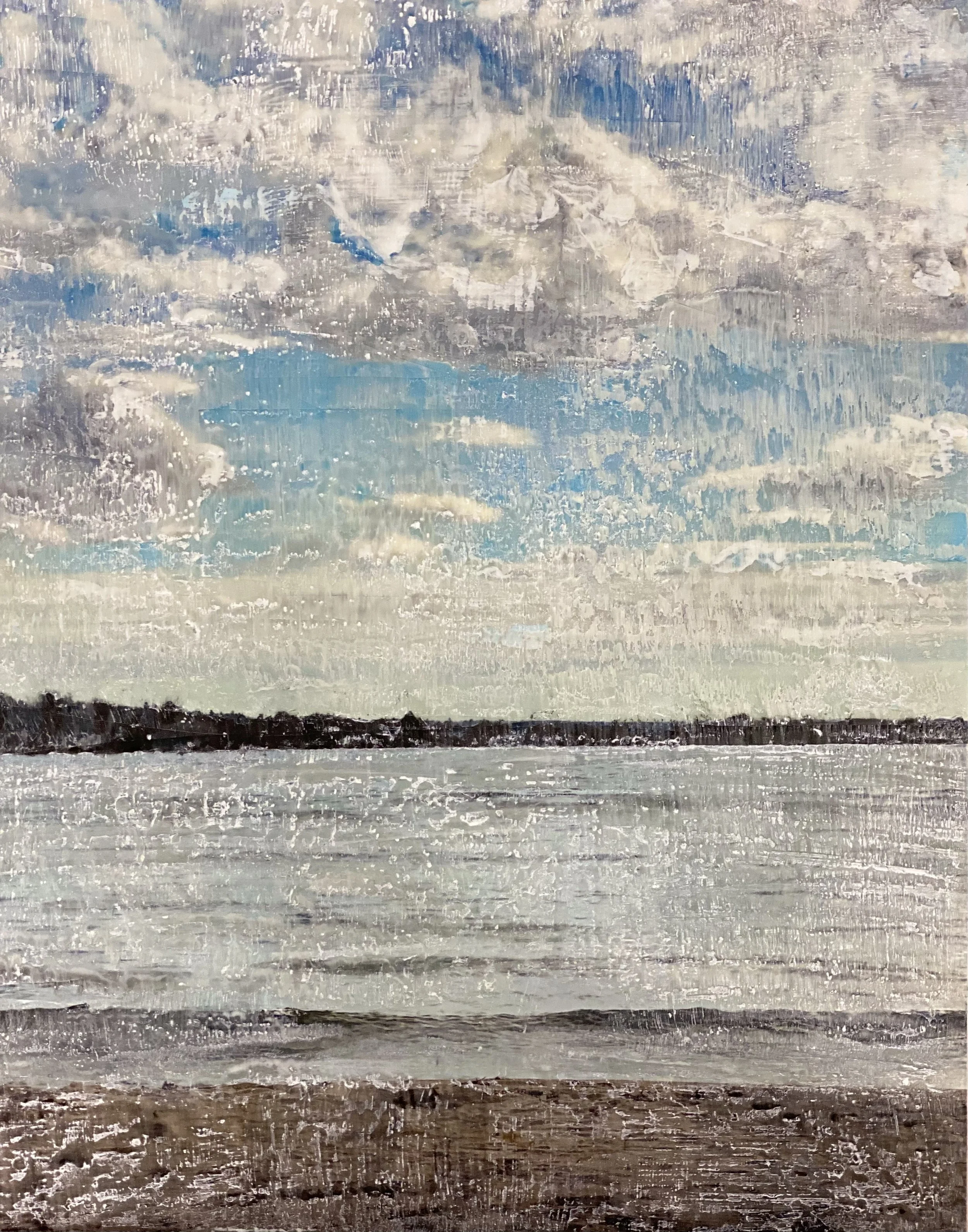  Encaustic Embroidery, Georgian Bay, on Wood Panel 
Encaustic, photography, embroidery floss on wood panel