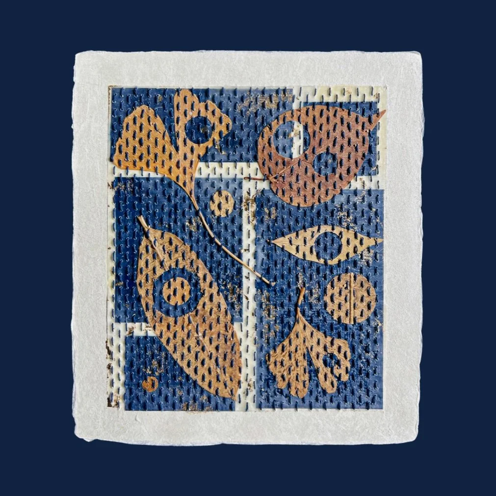  Indigo Boro with Leaves on Paper 
Japanese papers, encaustic, leaves, embroidery floss