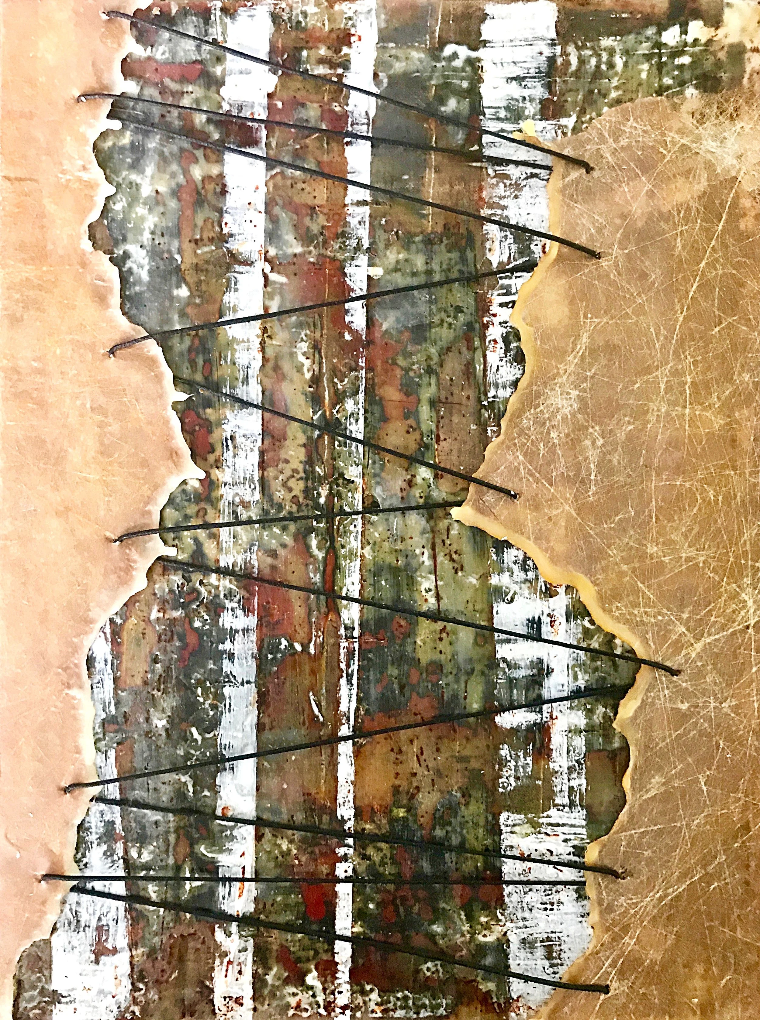  Encaustic Painting, Corseted Birch Trees 
Encaustic, Japanese papers, Japanese tissue, leather cord on wood panel
