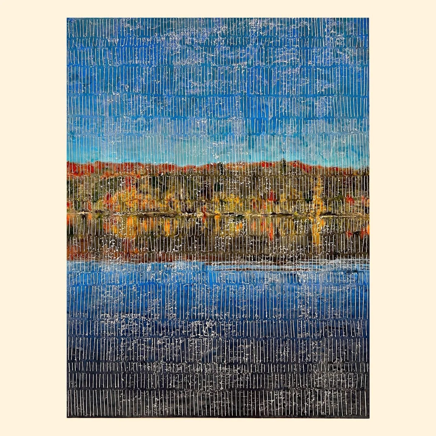  Encaustic Embroidery, Hardwood Lake Autumn, on Wood Panel 
Encaustic, photography, embroidery floss on wood panel