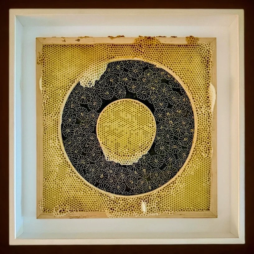  Honeycomb Collaboration: Chocolate Brown and Gold Flowers 
Japanese paper, encaustic, metallic embroidery floss, natural honeycomb on wood panel