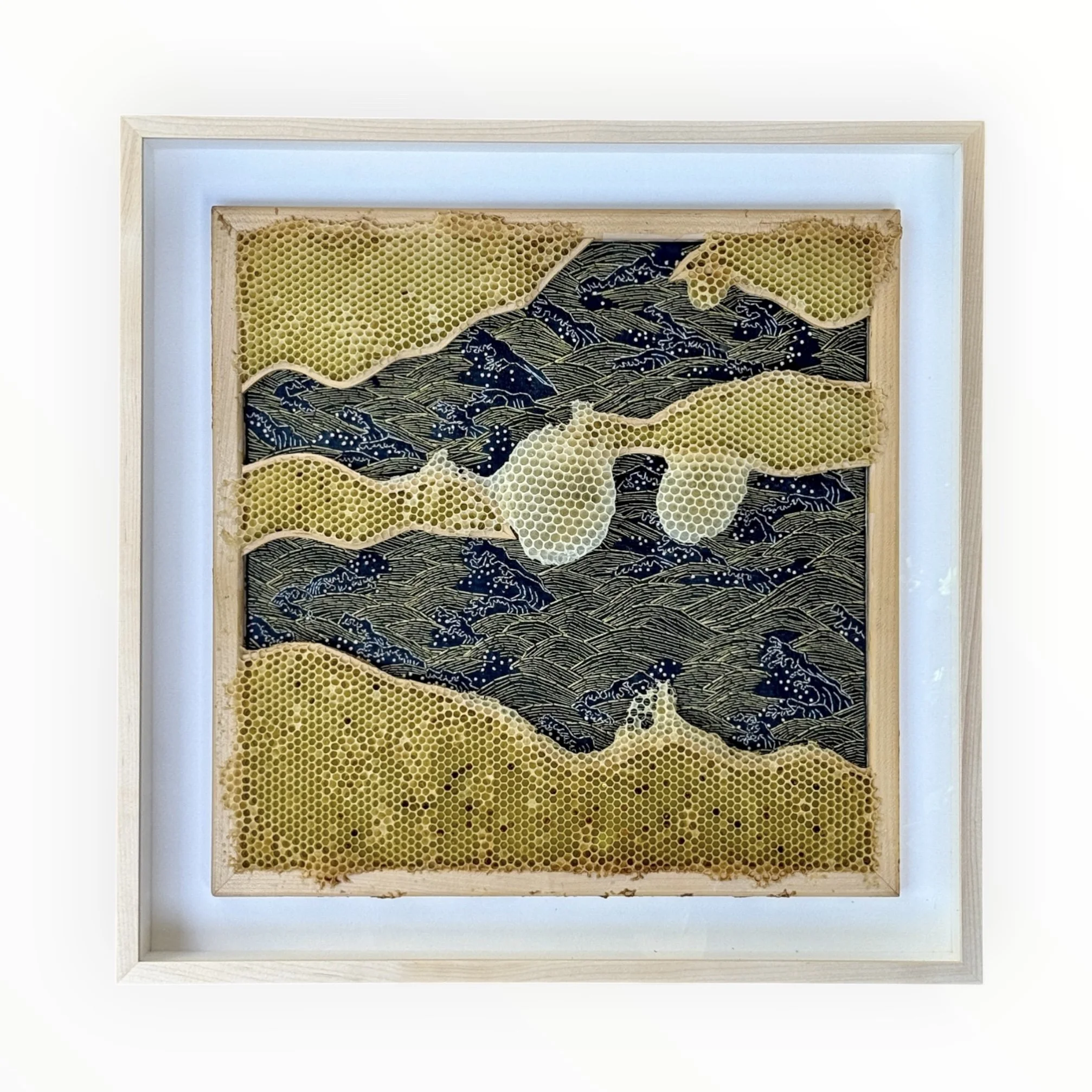  Honeycomb Collaboration: Waves 
Japanese paper, encaustic, embroidery floss, natural honeycomb on wood panel