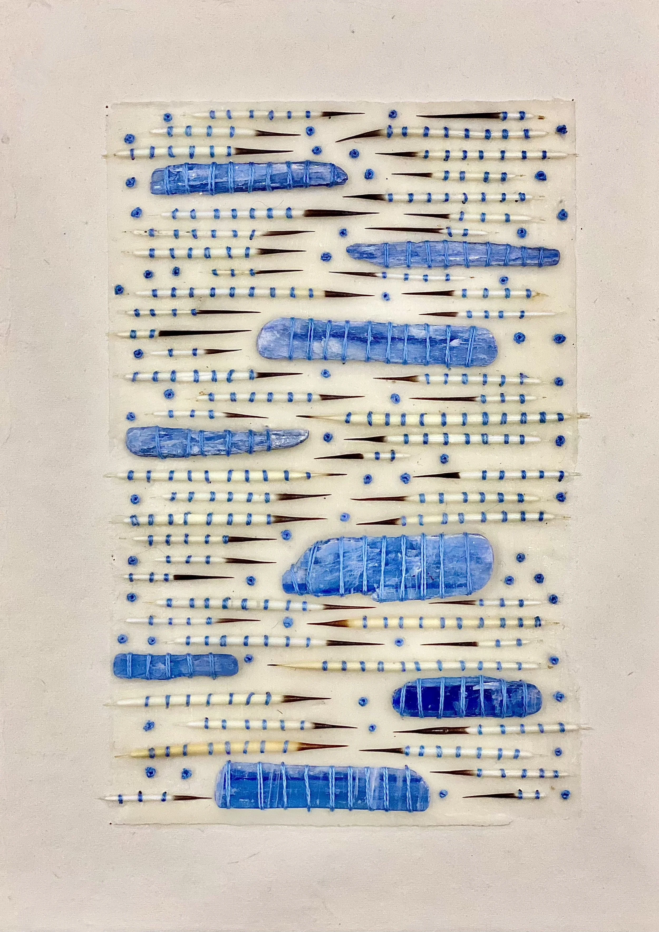  Blue Kyanite, Quills and French Knots on Paper 
Japanese paper, beeswax, Blue Kyanite crystals, porcupine quills and embroidery floss