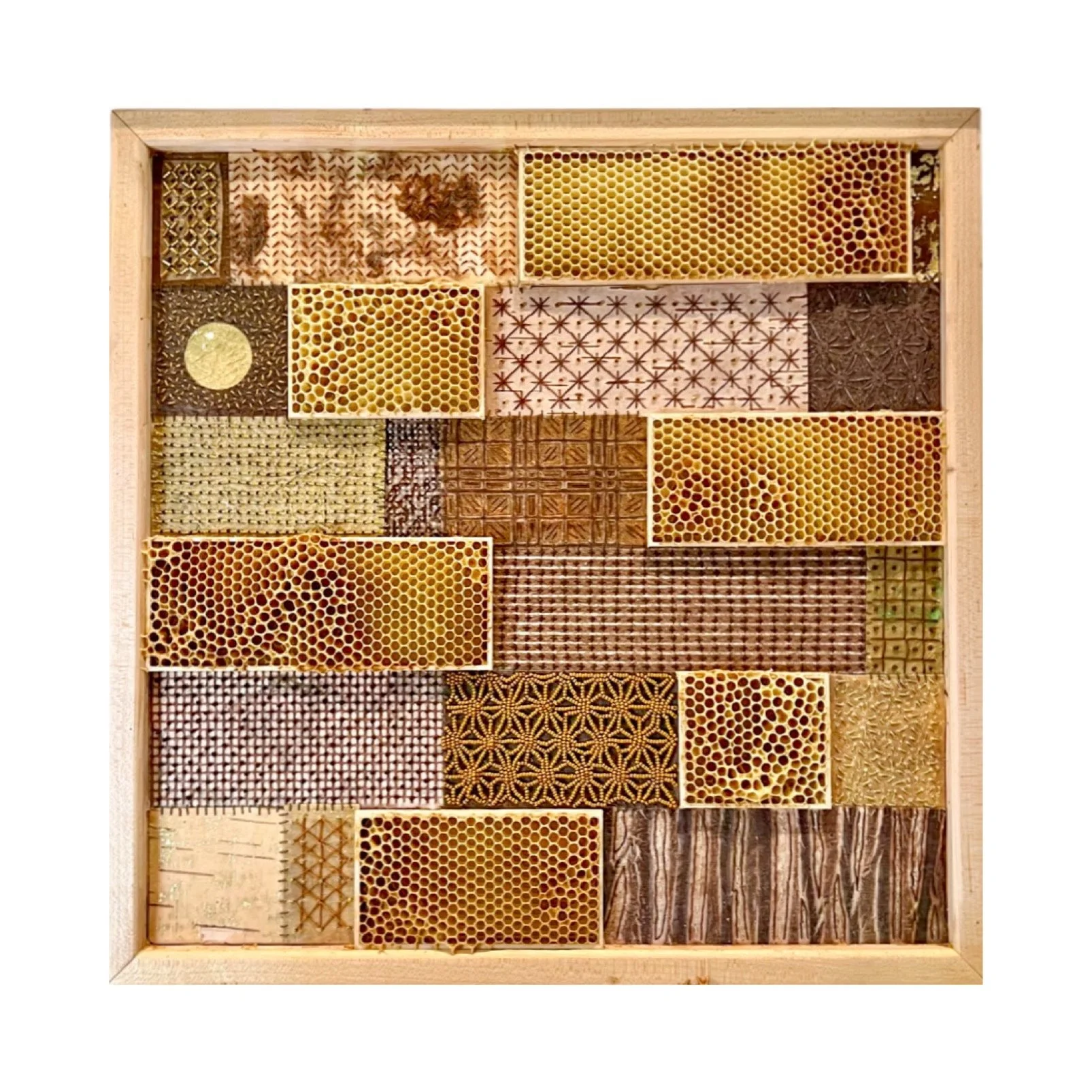  Honeycomb Collaboration: Quilt #3 
Japanese papers, encaustic, embroidery floss, birch bark, gold leaf, seed beads, natural honeycomb on wood panel