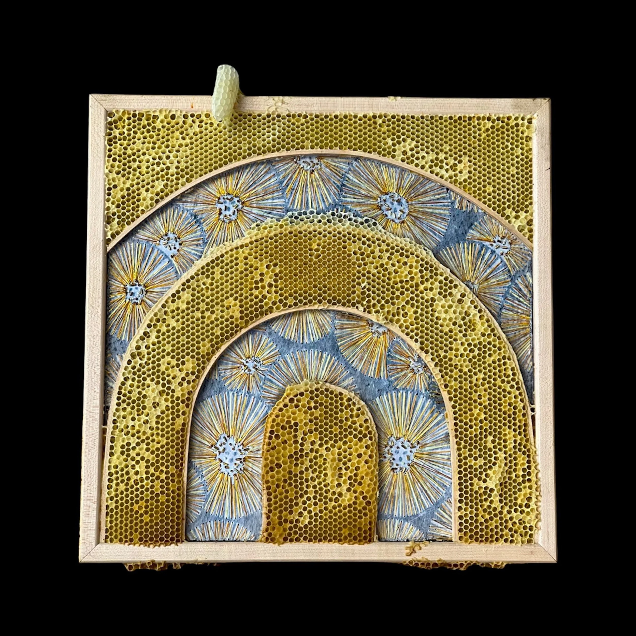  Honeycomb Collaboration: Rainbow, Gold and Yellow Flowers 
Japanese paper, metallic floss, seeds beads,  natural honeycomb on wood panel
