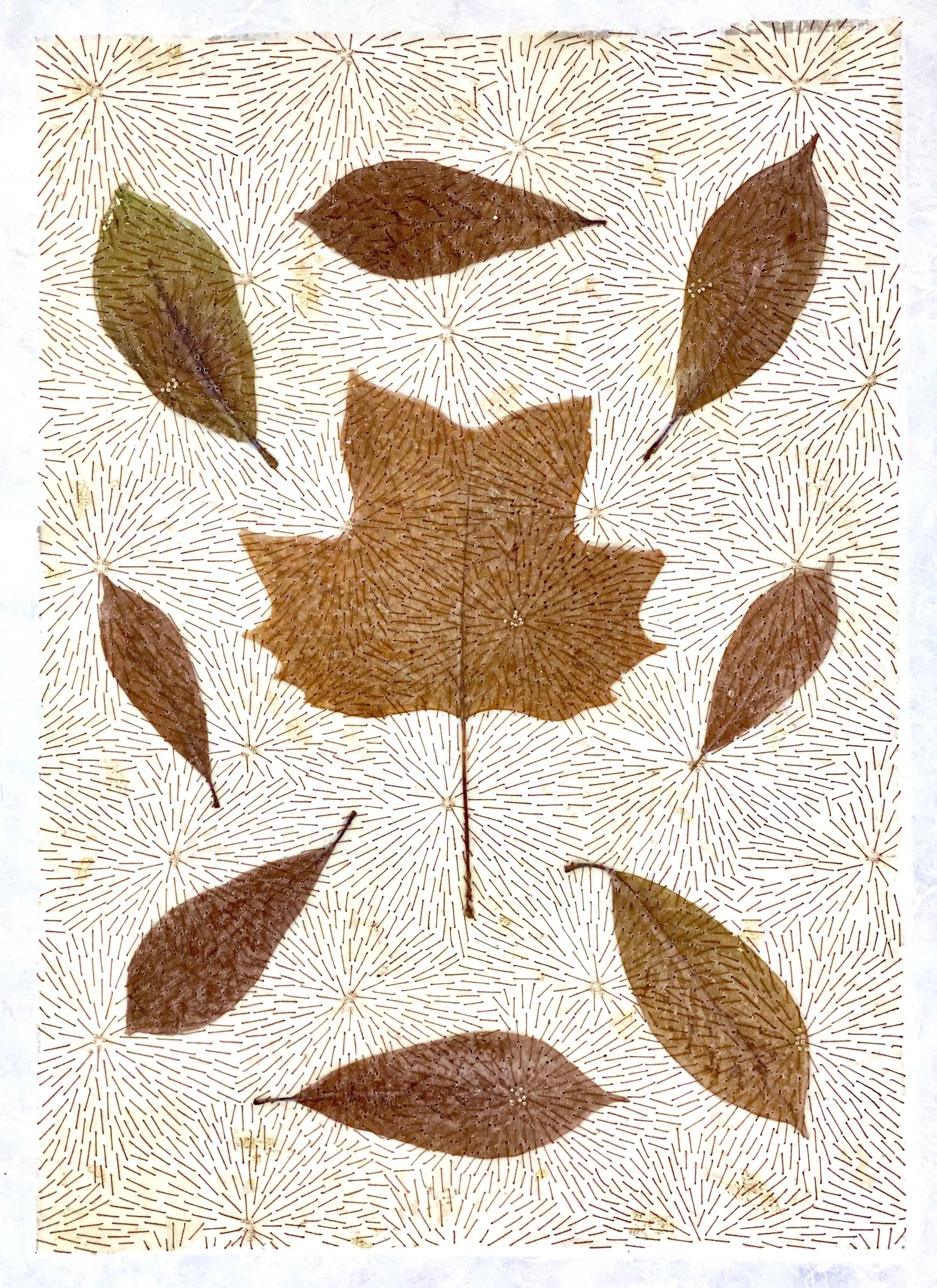  Leaves with Flower Motif on Paper, Large 
Japanese Paper, beeswax, leaves, metallic floss