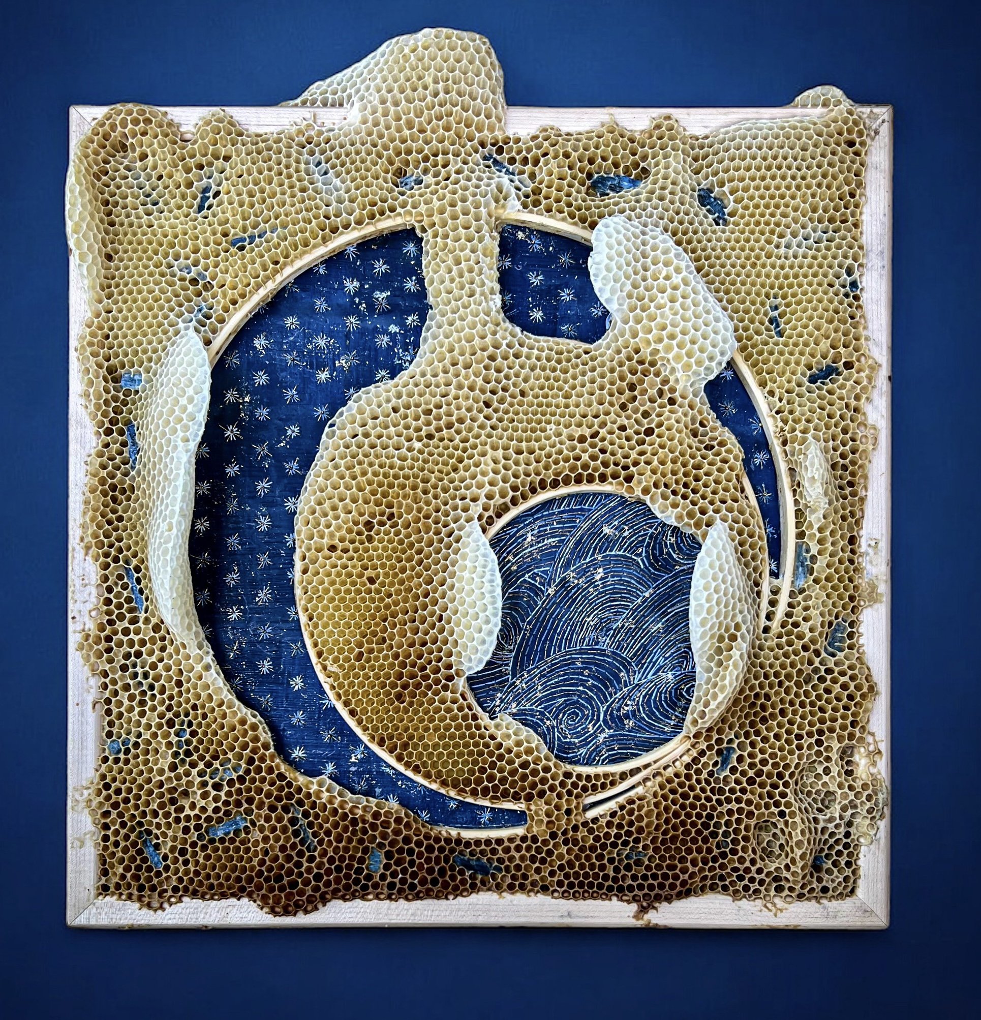  Honeycomb Collaboration: Sea and Stars with Blue Kyanite 
Japanese paper, encaustic, blue kyanite crystals, metallic embroidery floss, gold leaf, embroidery hoops, natural honeycomb on wood panel