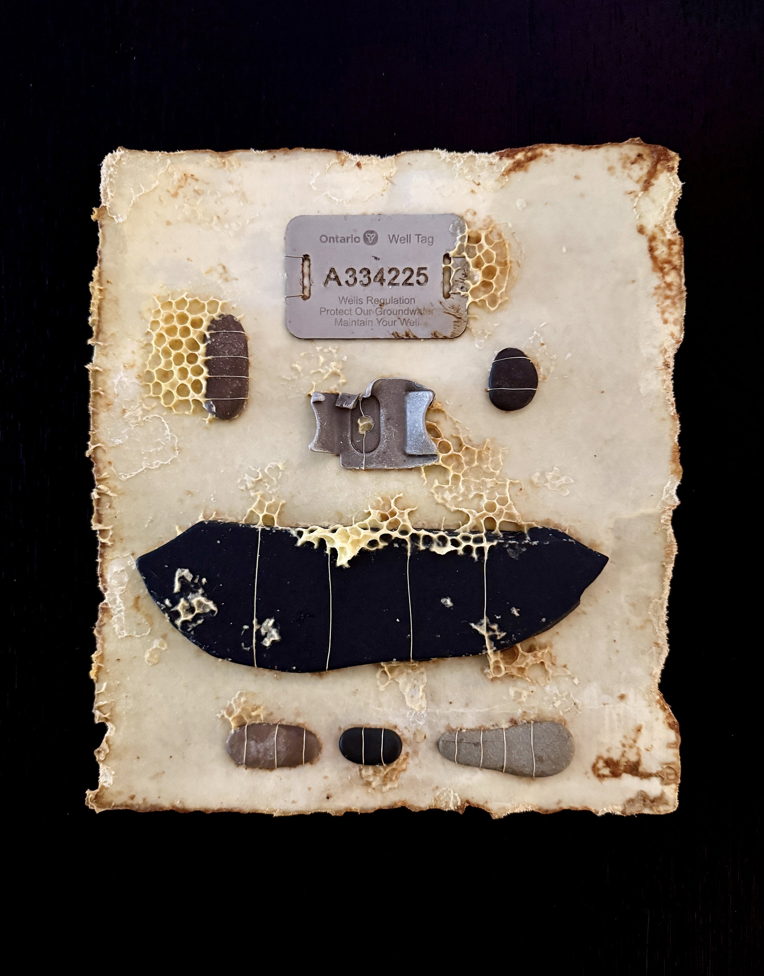  Cherry Beach Salvage 
Salvaged garbage, rocks, encaustic medium, Japanese paper, wire and natural honeycomb